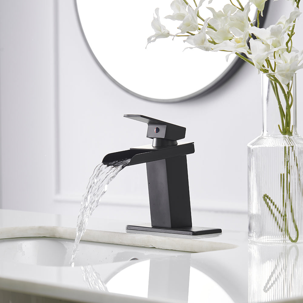 Single-Handle Waterfall Low-Arc Bathroom Faucet With Pop-up Drain Assembly — thumbnail 2
