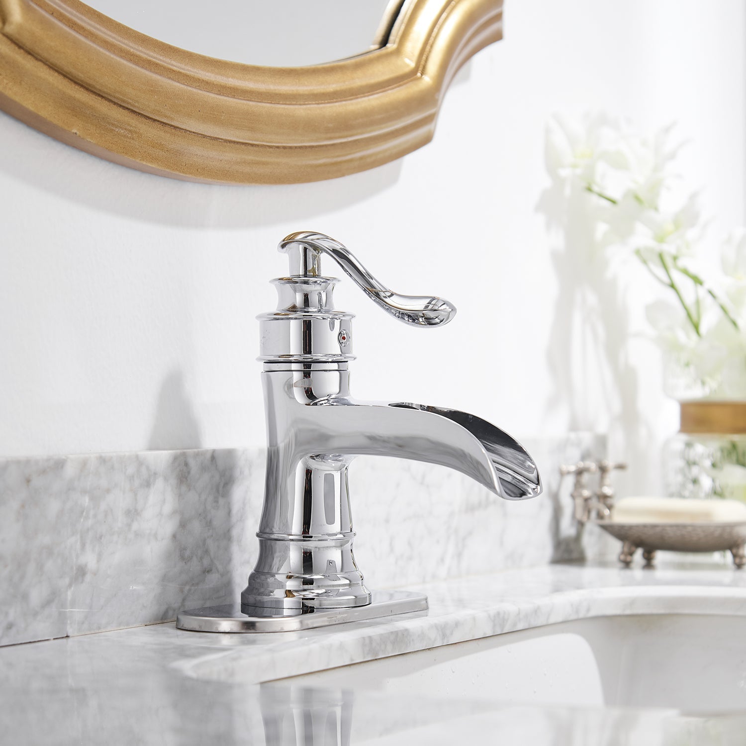 Sleek Stylish Single Handle Single Hole Bathroom Faucet with Drain Kit Included in Polished Chrome(Valve Included) — thumbnail 2