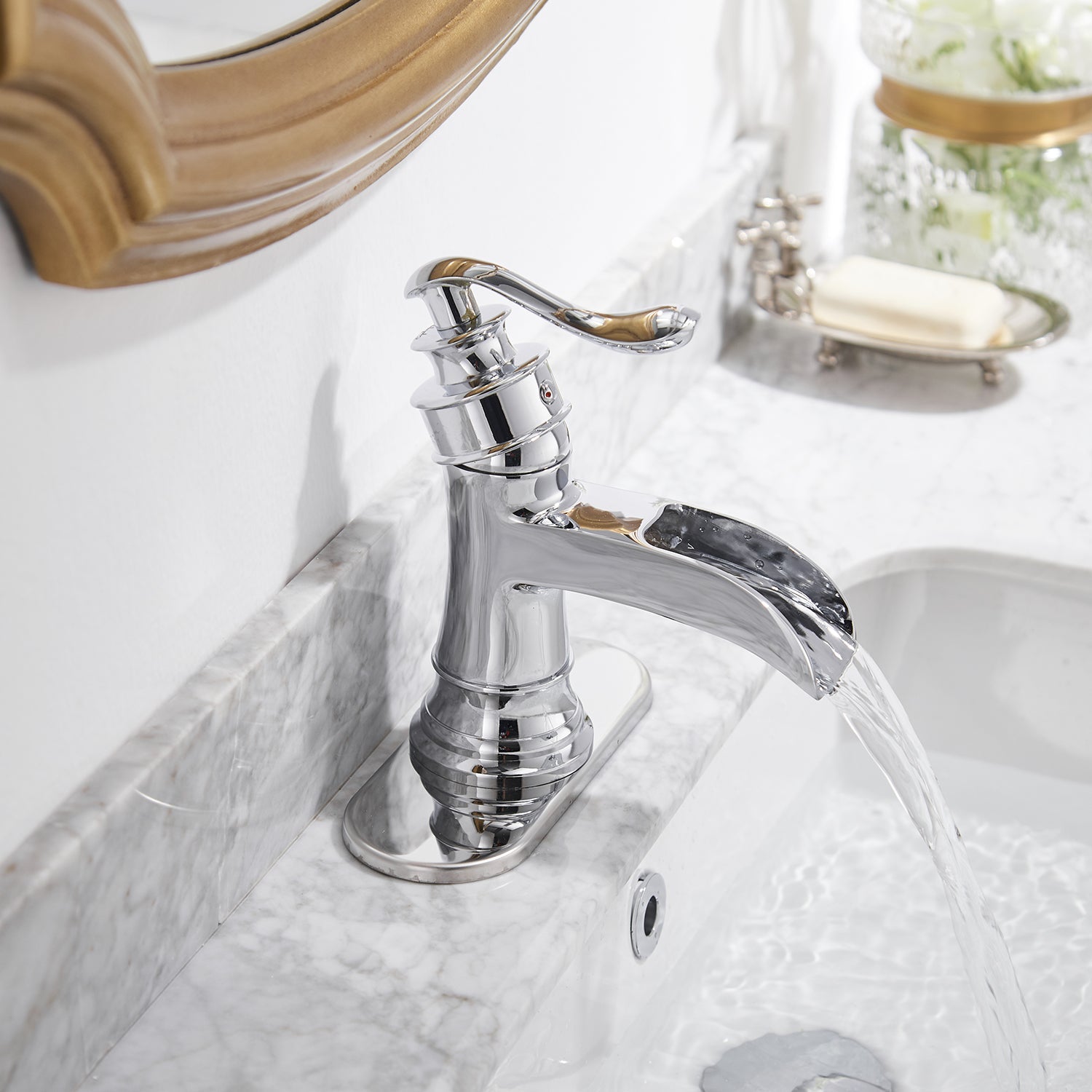 Sleek Stylish Single Handle Single Hole Bathroom Faucet with Drain Kit Included in Polished Chrome(Valve Included) — thumbnail 3