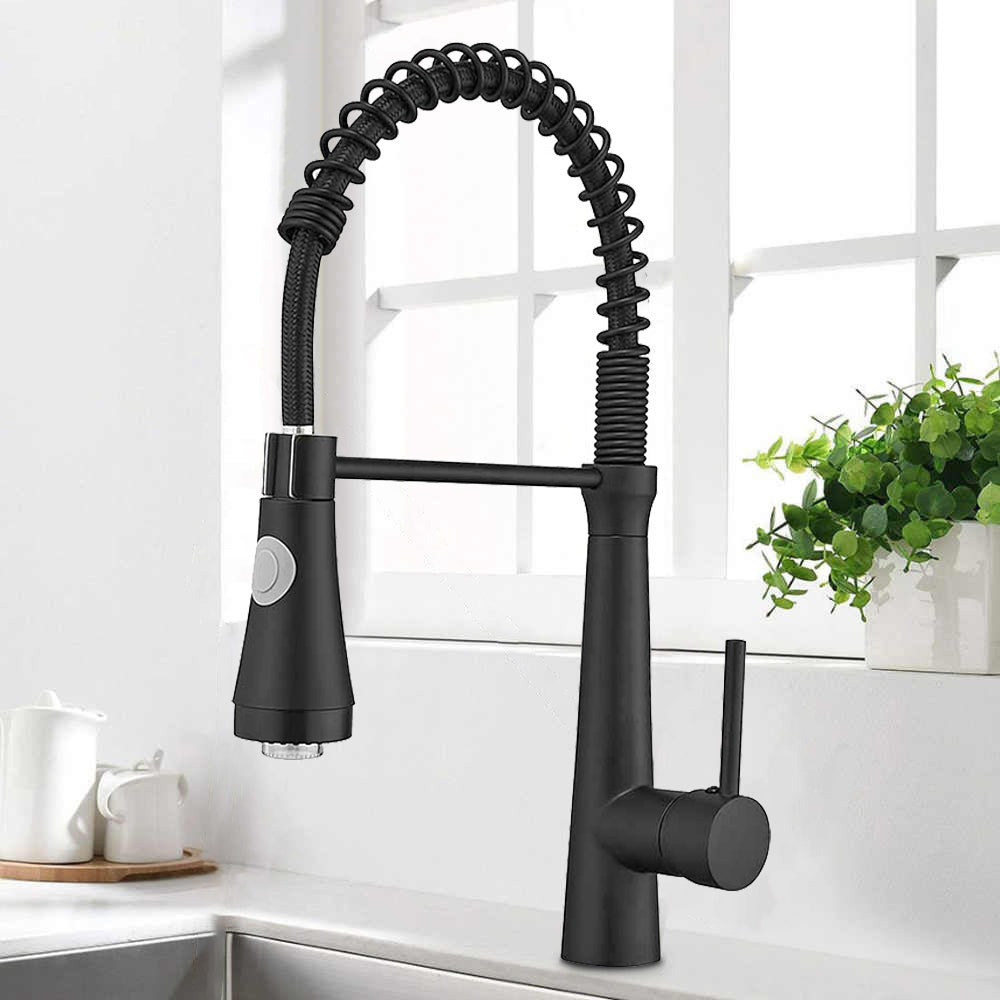 Single Handle Pull Down Sprayer Kitchen Faucet with 360° Rotation and LED Lights in Matte Black — thumbnail 2