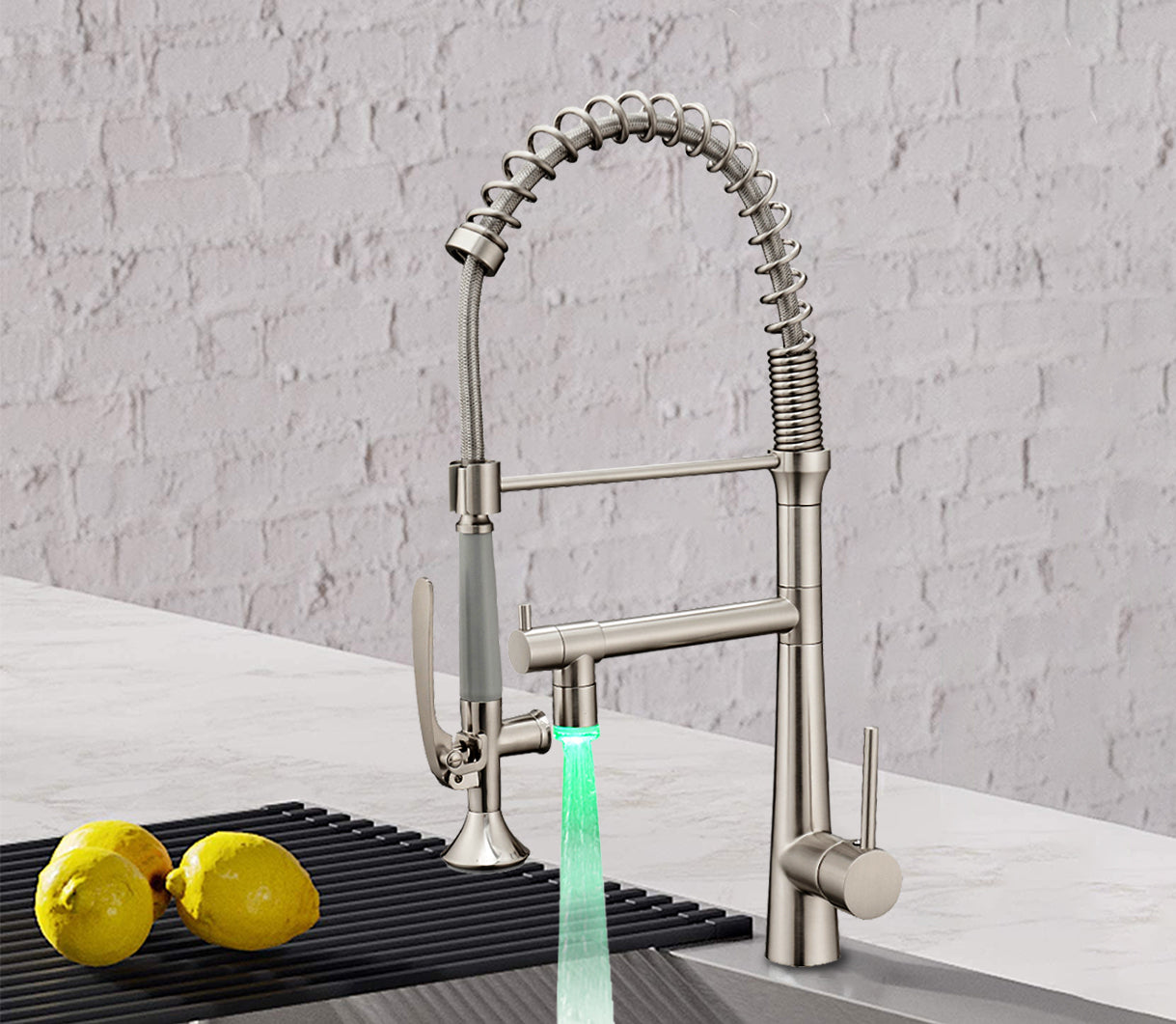Single Handle Pull Down Sprayer Kitchen Faucet with 360° Rotation and LED Lights in Brushed Nickel — thumbnail 2