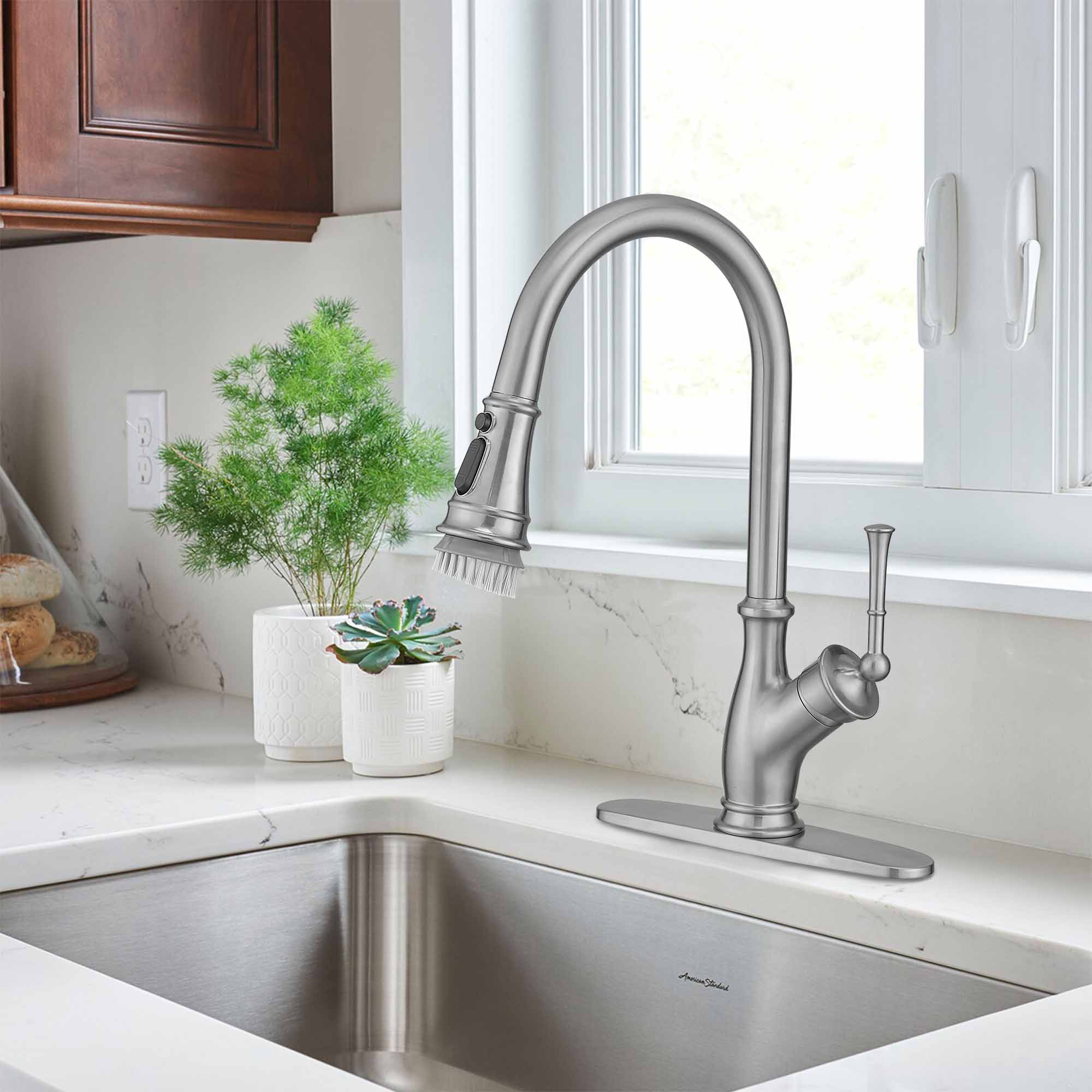 Single Handle Pull Down Sprayer Kitchen Faucet with 360° Rotation and Deckplate in Brushed Nickel — thumbnail 2