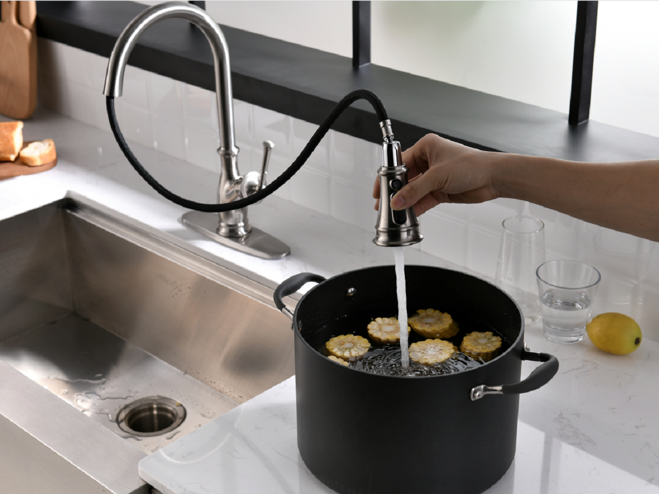 Single Handle Pull Down Sprayer Kitchen Faucet with 360° Rotation and Deckplate in Brushed Nickel — thumbnail 3