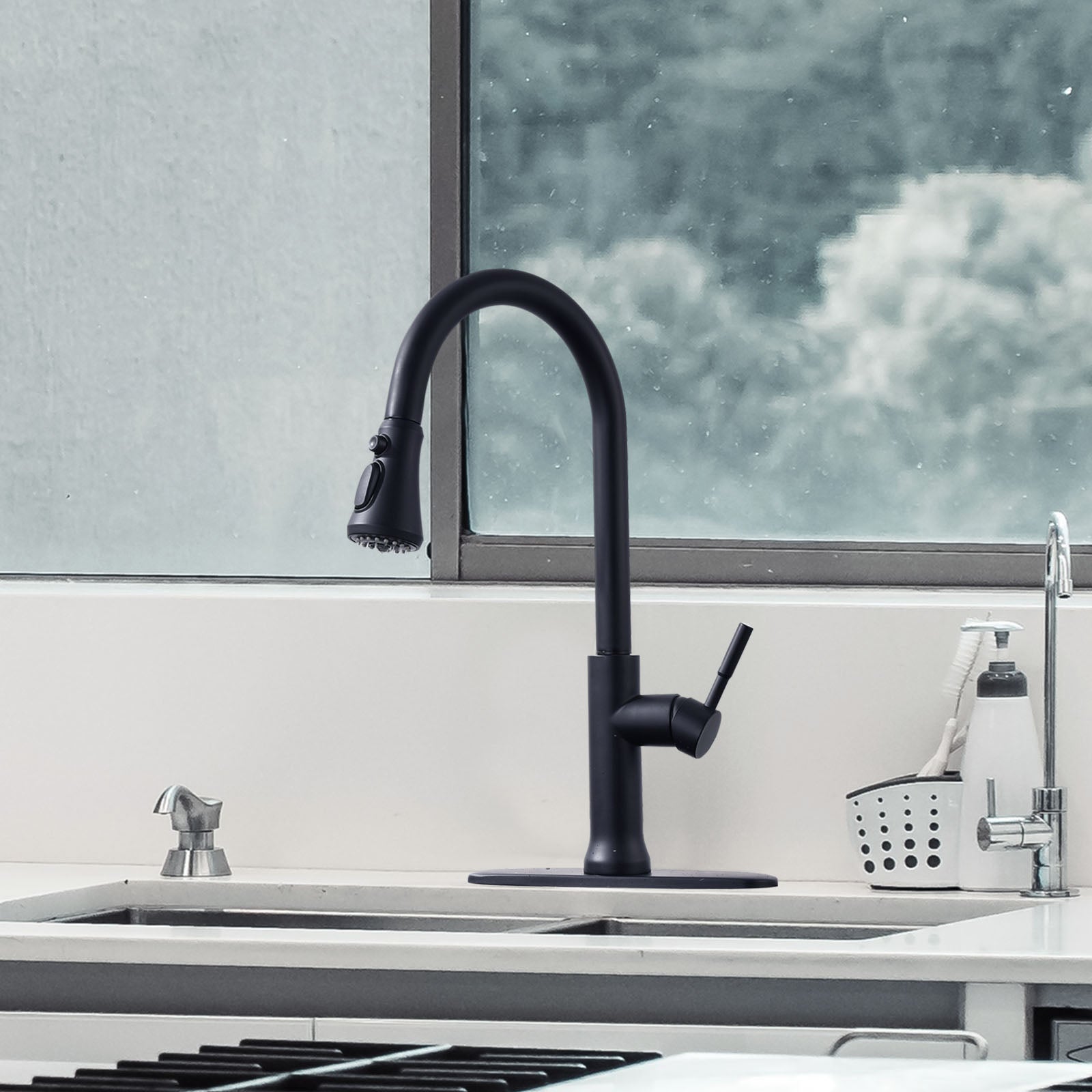 Single Handle Pull Down Sprayer Kitchen Faucet with 360° Rotation in Matte Black — thumbnail 2