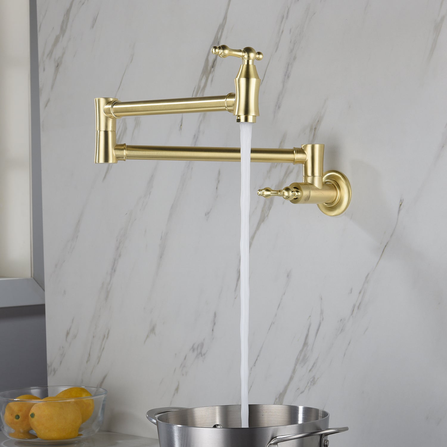 Wall Mounted Pot Filler Kitchen Faucet in Brushed Gold with 360° Rotation — thumbnail 2