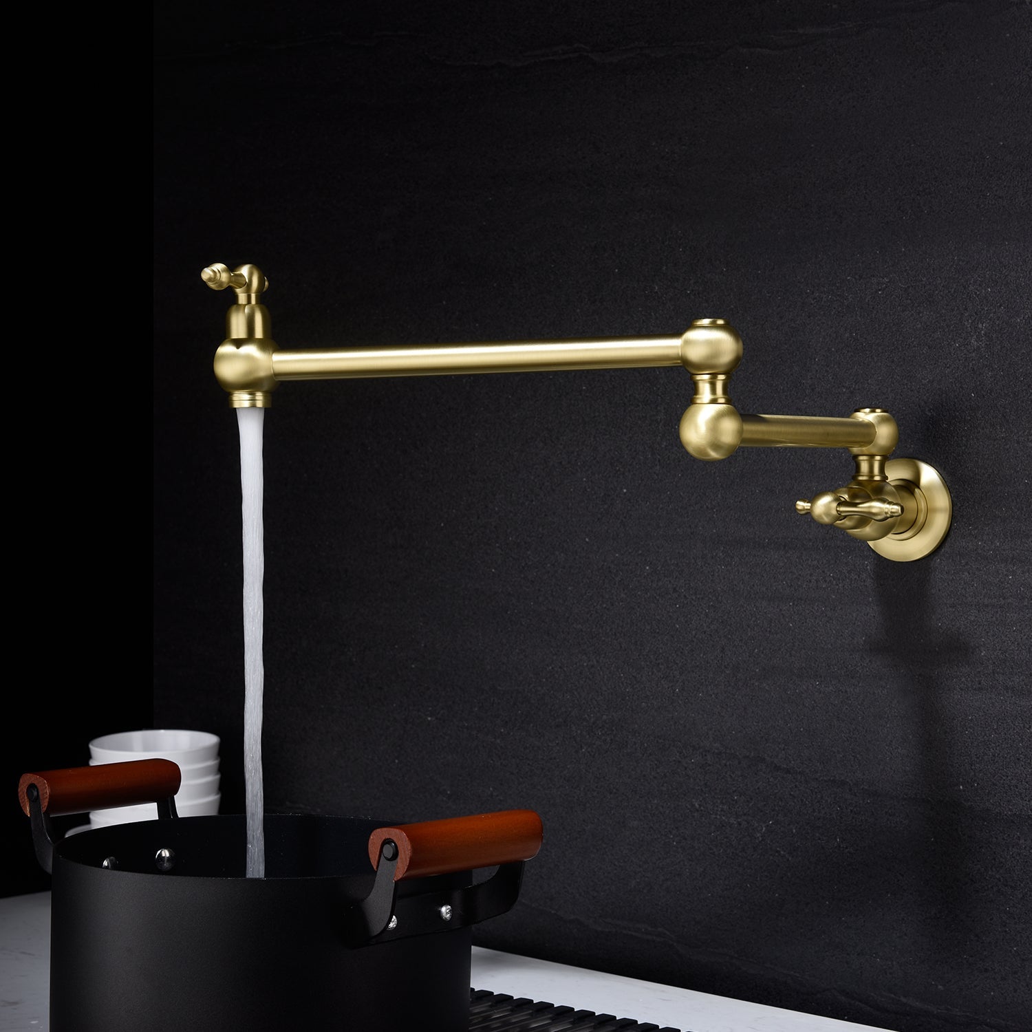 Wall Mounted Pot Filler Faucet with 180° Rotation in Brushed Gold — thumbnail 2