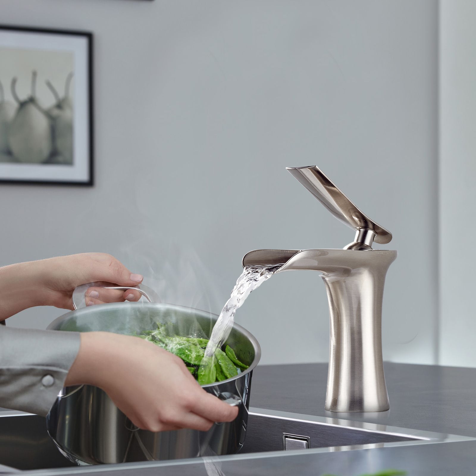 Single Hole Single-Handle Bathroom Faucet in Brushed Nickel with Waterfall Spout — thumbnail 3