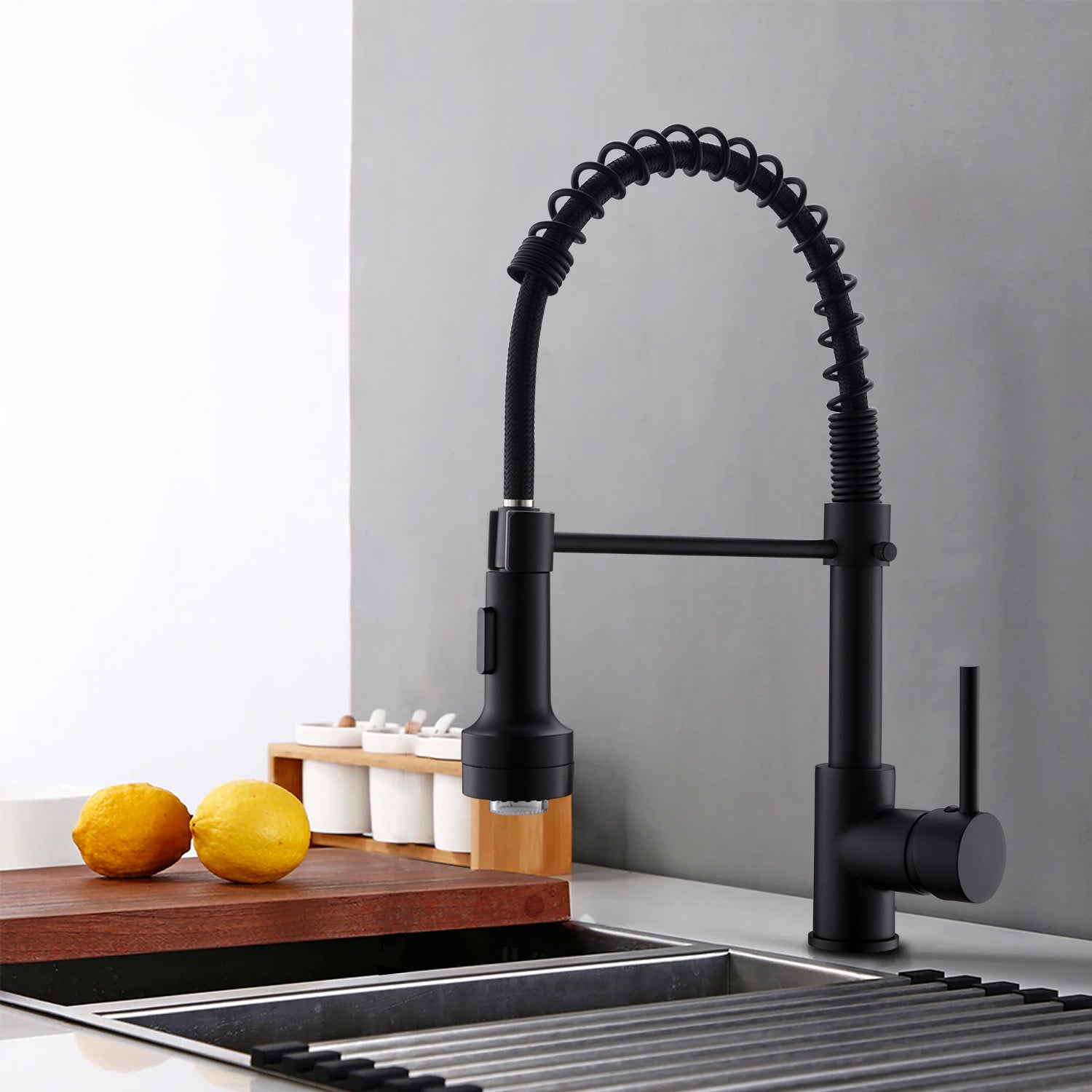 Single Handle Pull Down Sprayer Kitchen Faucet with 360° Rotation and LED Lights in Matte Black — thumbnail 3