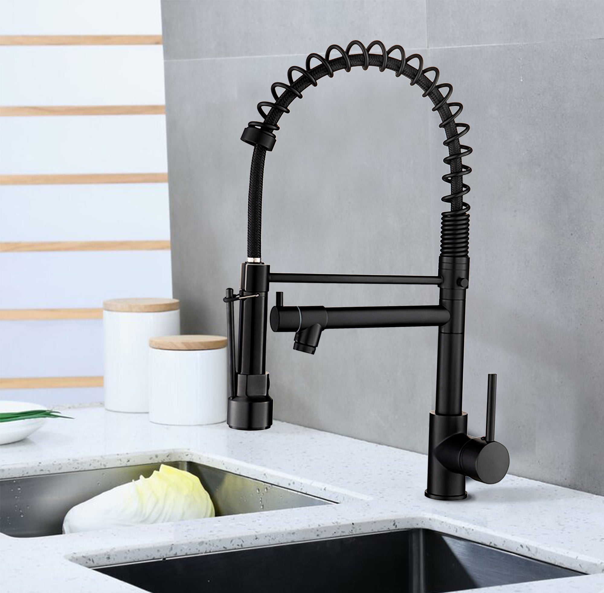 Single Handle Pull Down Sprayer Kitchen Faucet with 360° Rotation in Matte Black — thumbnail 2