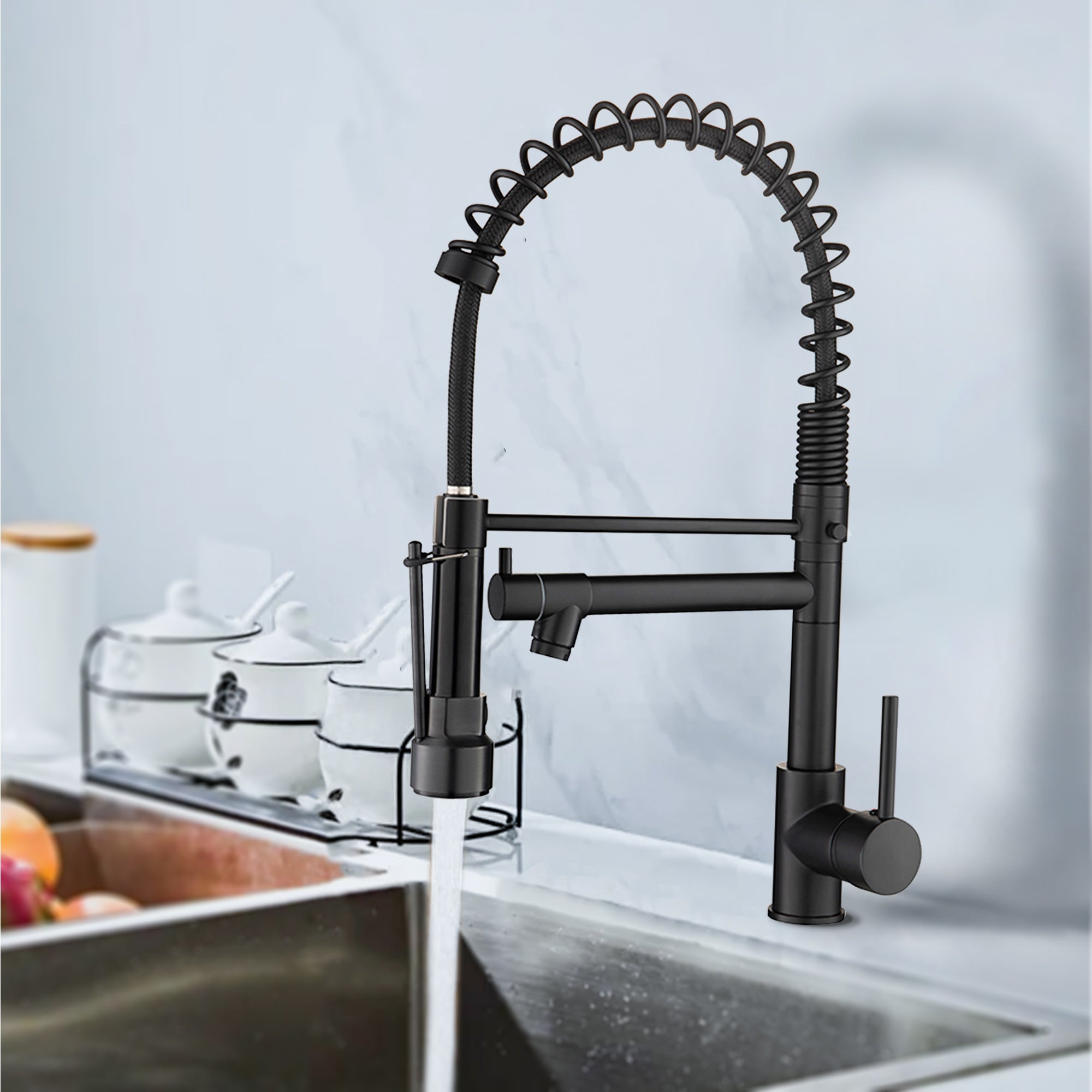 Single Handle Pull Down Sprayer Kitchen Faucet with 360° Rotation in Matte Black — thumbnail 3
