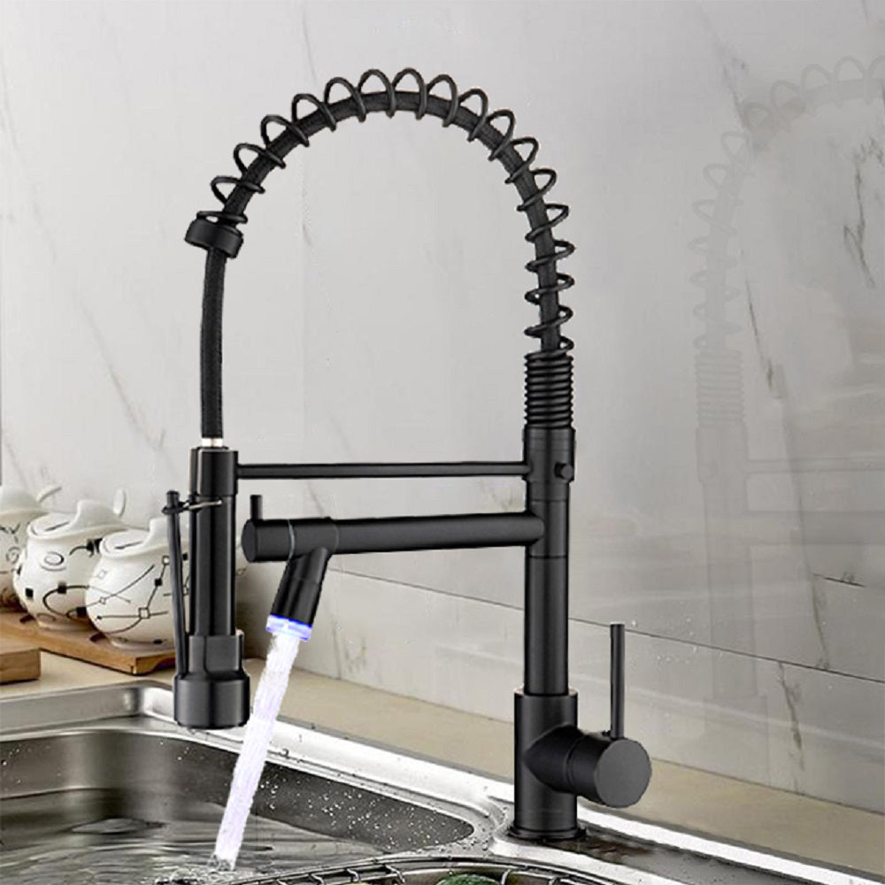 Single Handle Pull Down Sprayer Kitchen Faucet with 360° Rotation and LED Lights in Matte Black — thumbnail 2