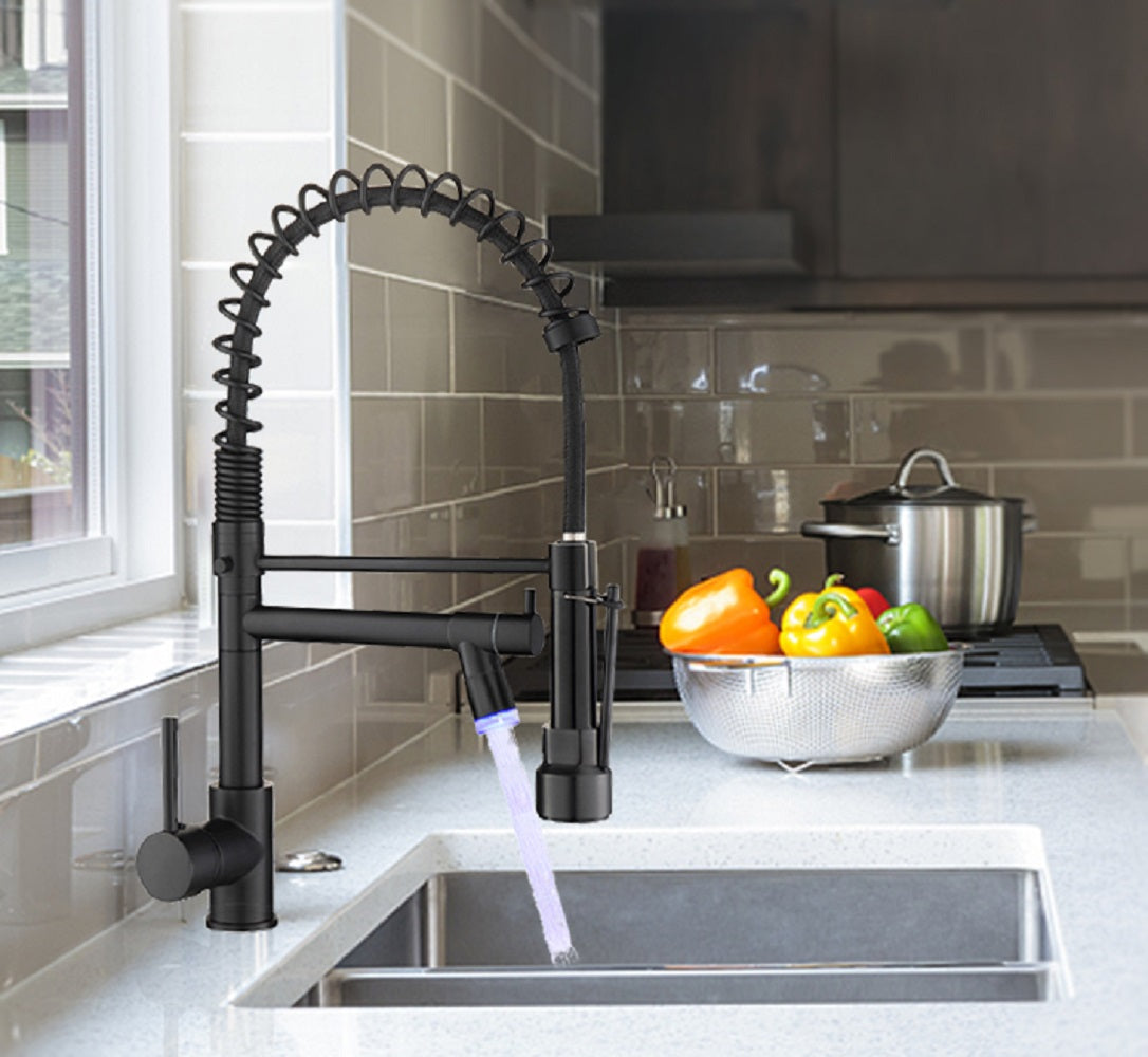 Single Handle Pull Down Sprayer Kitchen Faucet with 360° Rotation and LED Lights in Matte Black — thumbnail 3