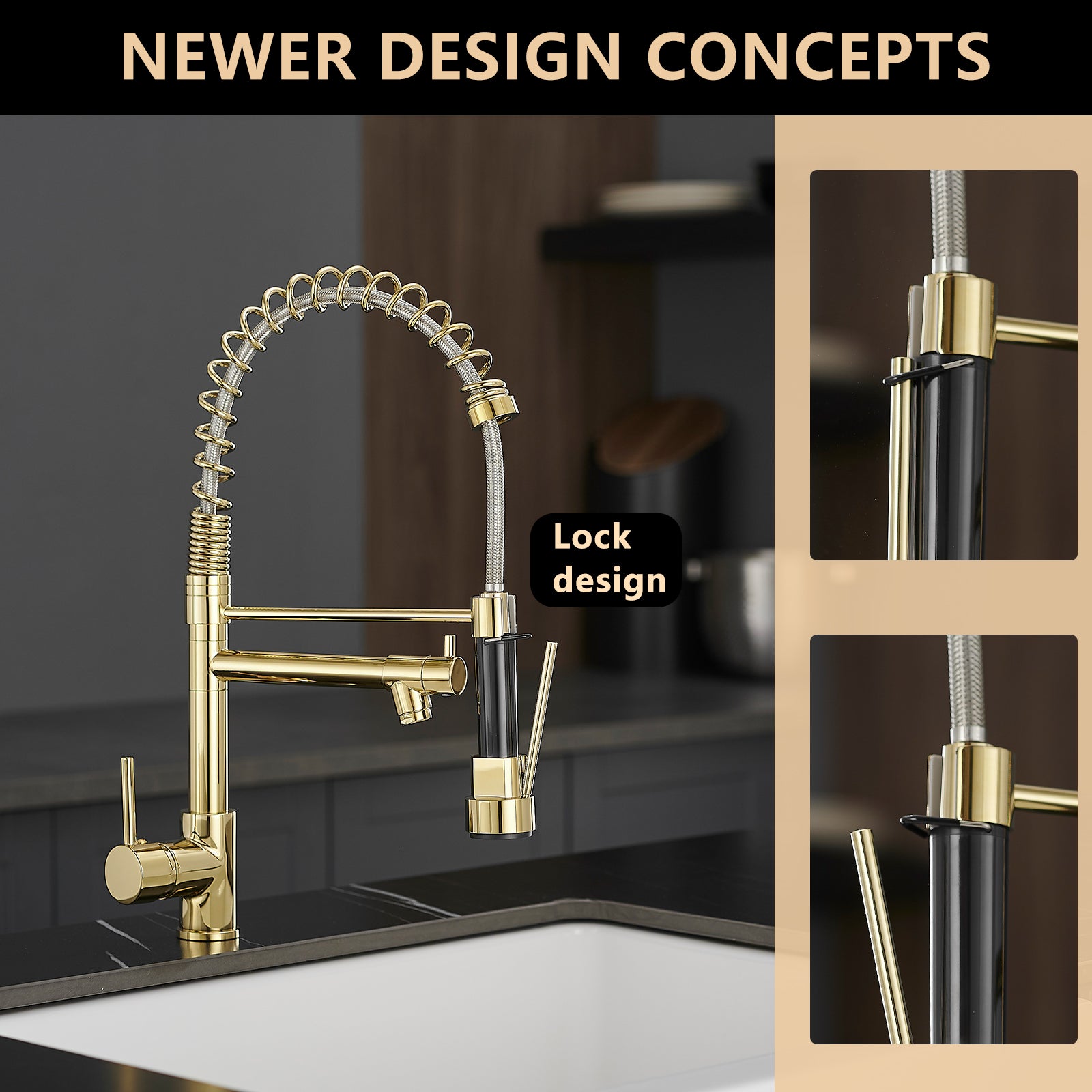 Single Handle Pull Down Sprayer Kitchen Faucet with 360° Rotation in Polished Gold — thumbnail 2