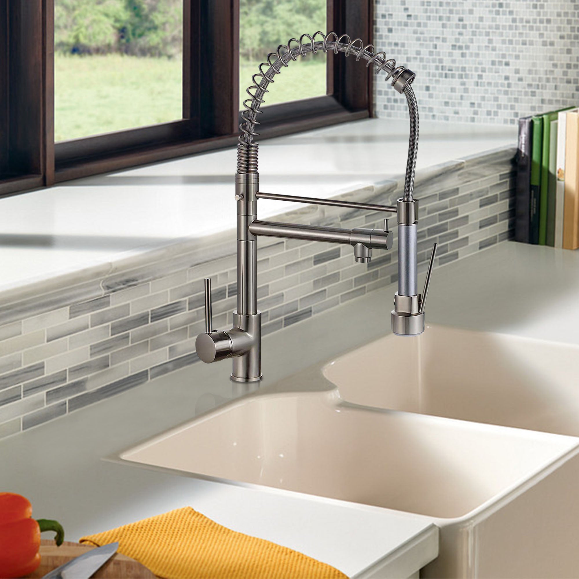 Single Handle Pull Down Sprayer Kitchen Faucet in Brushed Nickel with 360° Rotation — thumbnail 3