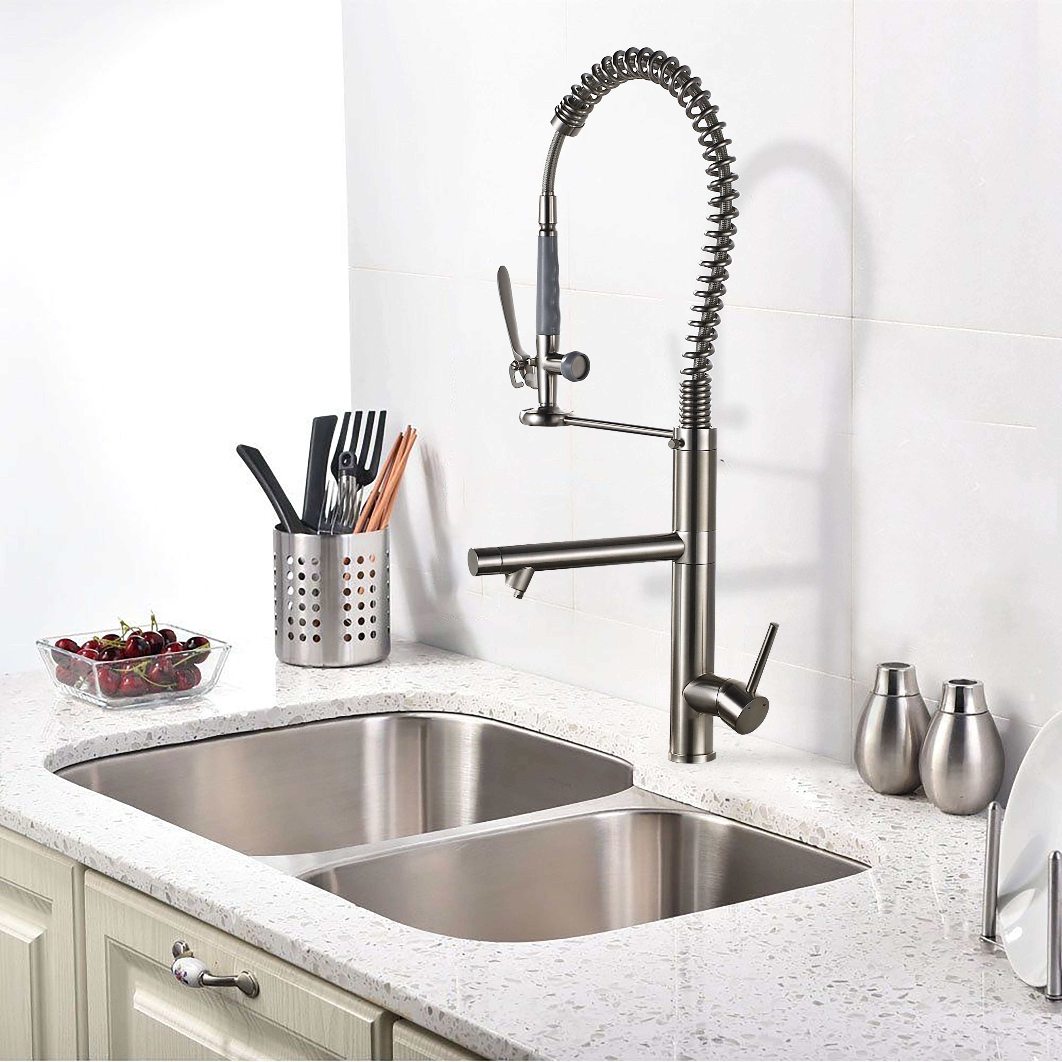 Single Handle Pull Down Sprayer Kitchen Faucet with 360° Rotation in Brushed Nickel — thumbnail 2