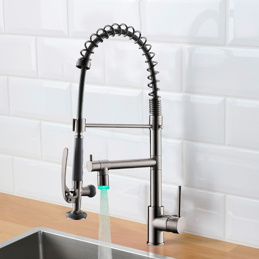 Single Handle Pull Down Sprayer Kitchen Faucet with 360° Rotation and LED Light in Brushed Nickel — thumbnail 2