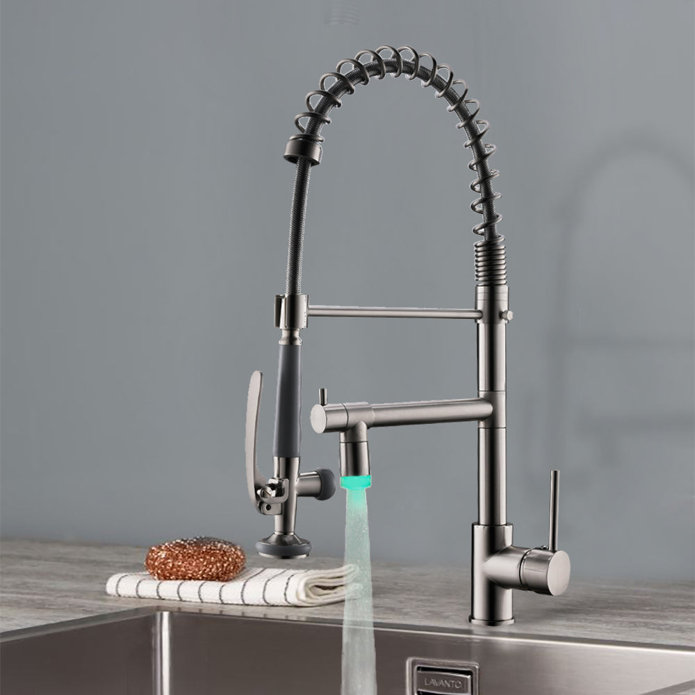 Single Handle Pull Down Sprayer Kitchen Faucet with 360° Rotation and LED Light in Brushed Nickel — thumbnail 3