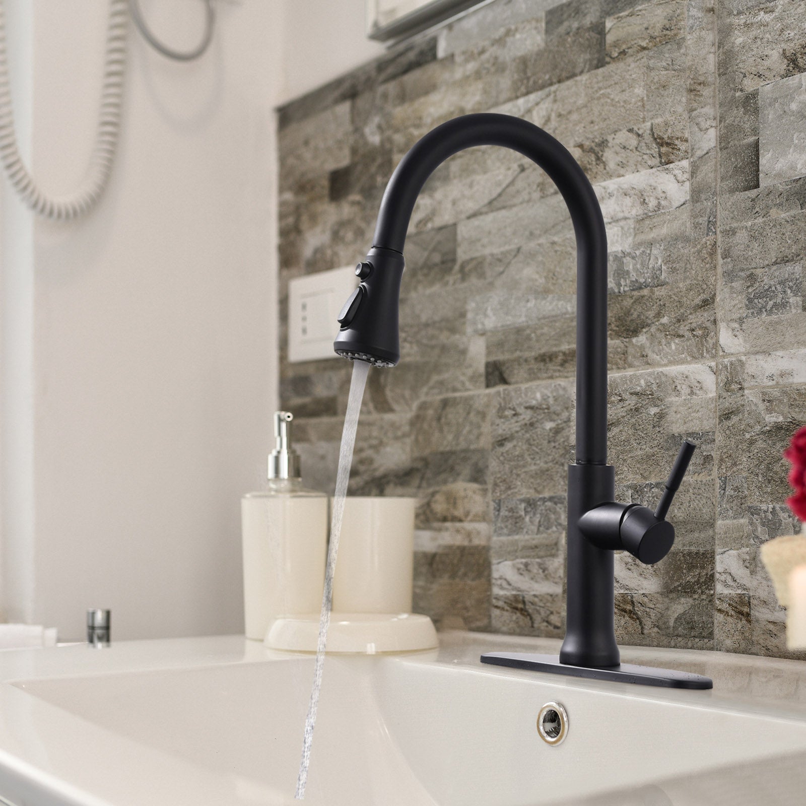 Single Handle Touch Pull Down Sprayer Kitchen Faucet with 360° Rotation in Matte Black — thumbnail 3