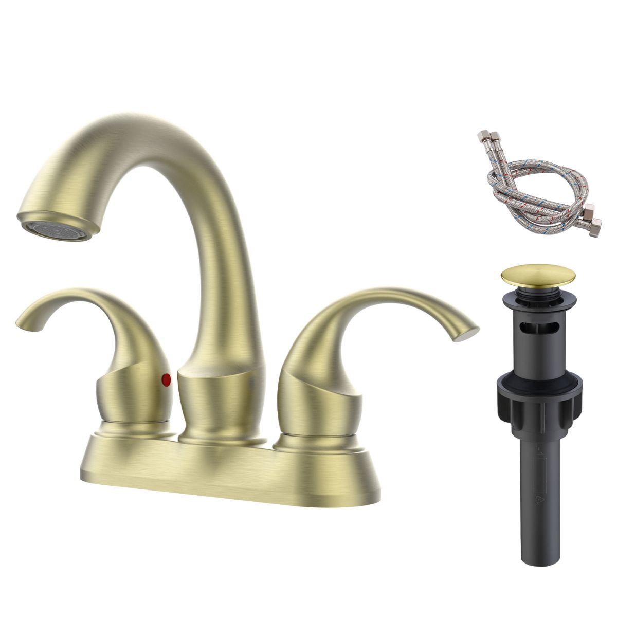 Bathroom Faucet 2 Handle Brushed Gold Swan Style 4 Inch Centerset with Drain