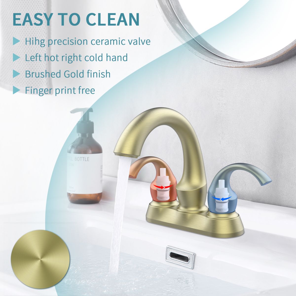 Bathroom Faucet 2 Handle Brushed Gold Swan Style 4 Inch Centerset with Drain — thumbnail 2
