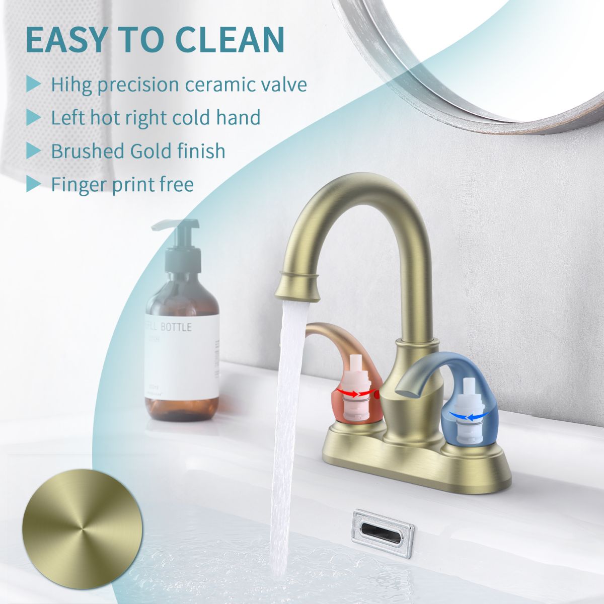 2 Handle Brushed Gold 4 Inch Bathroom Faucet with 360 Degree Rotating Spout — thumbnail 2