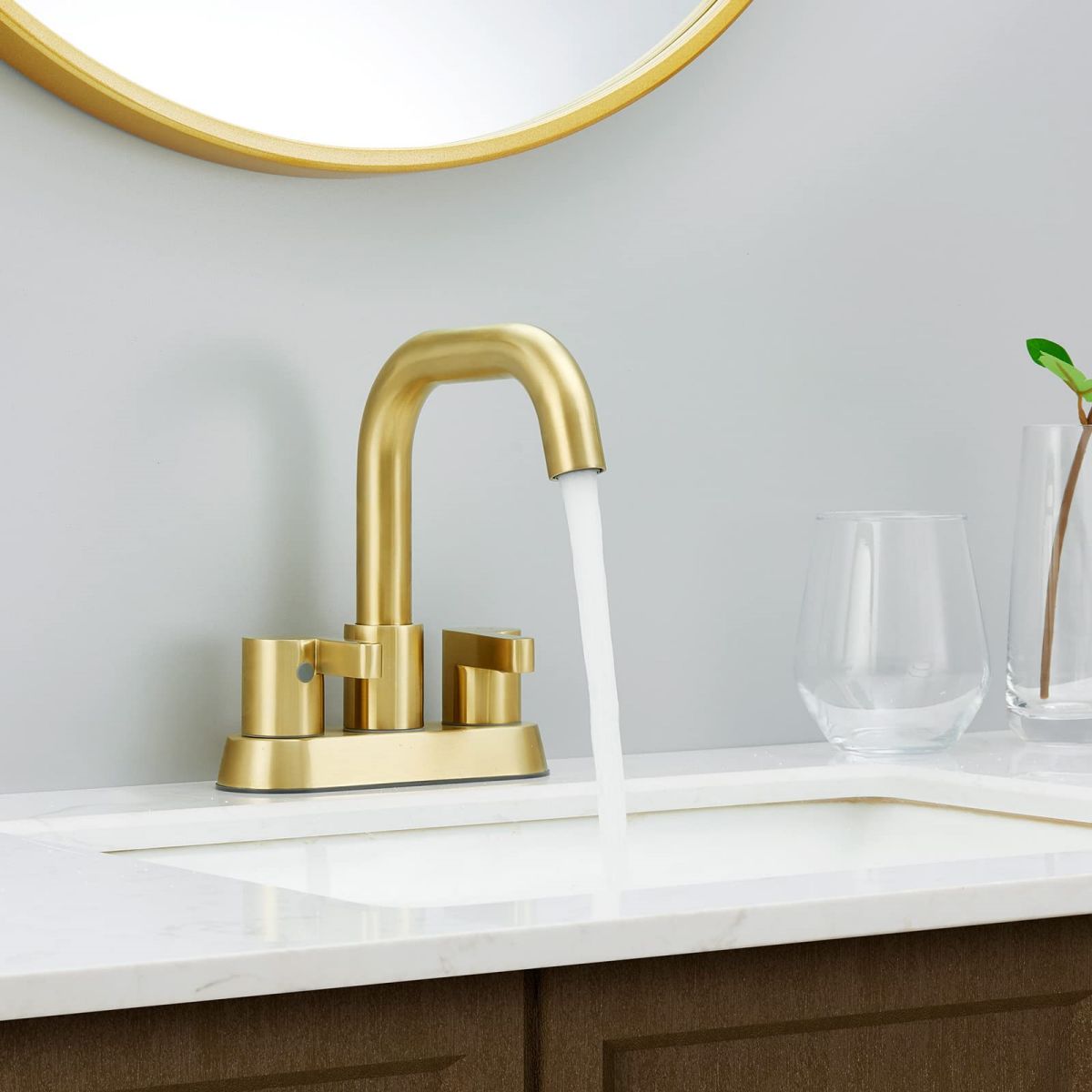 Brushed Gold 4 Inch Centerset 2 Handle Bathroom Faucet with Pop Up Drain — thumbnail 2