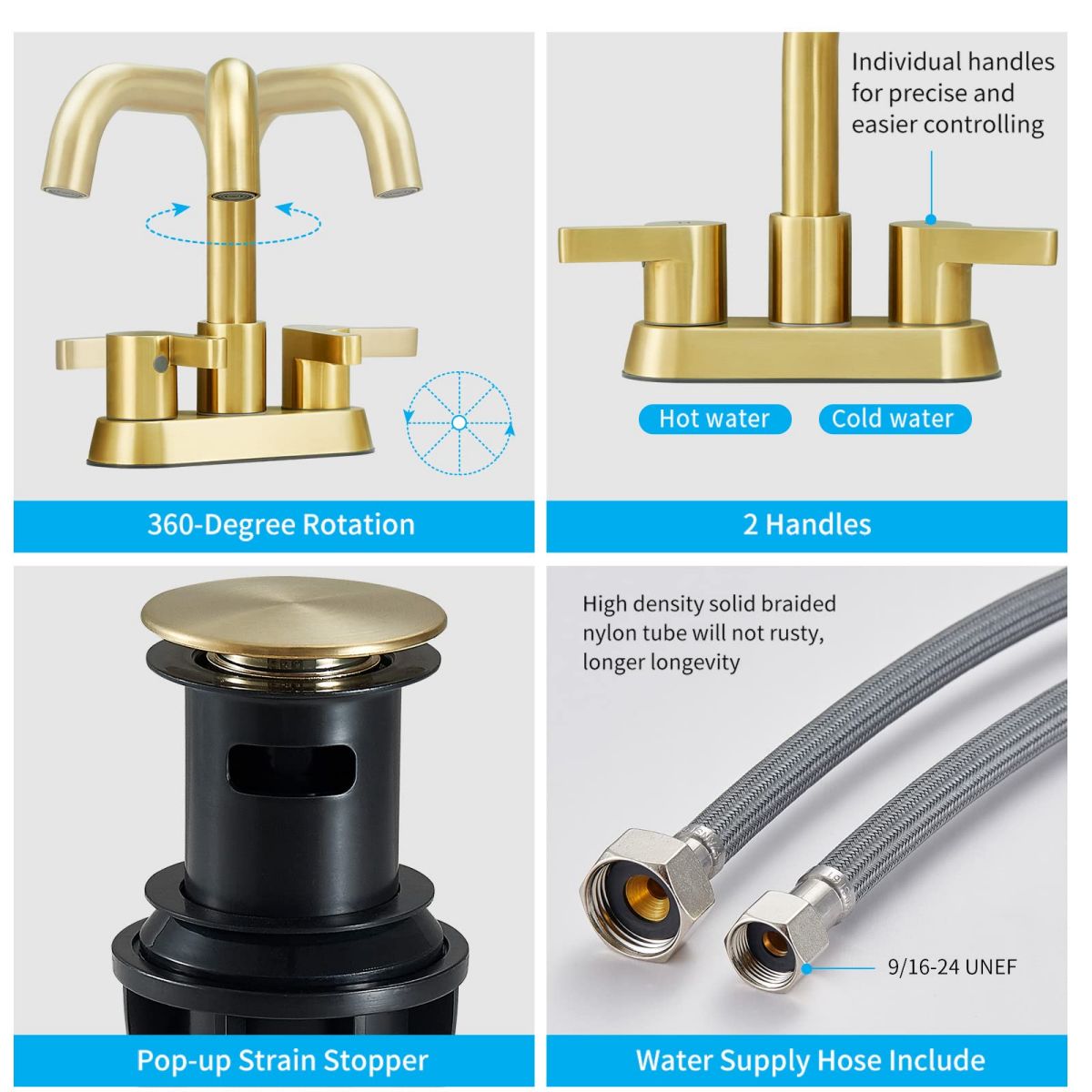 Brushed Gold 4 Inch Centerset 2 Handle Bathroom Faucet with Pop Up Drain — thumbnail 3