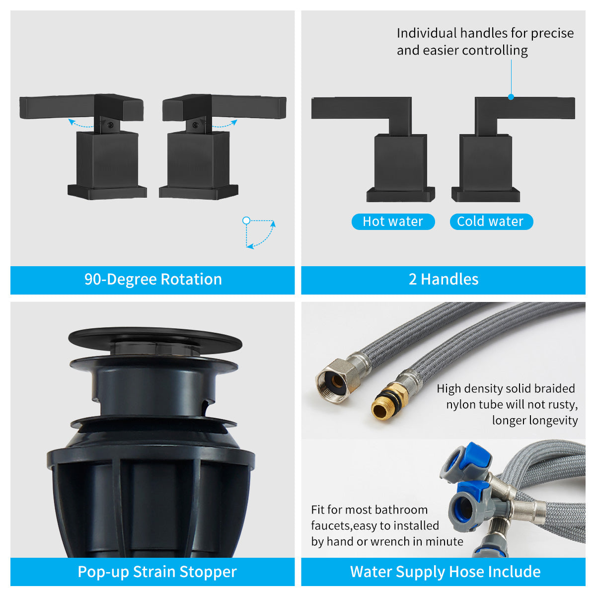 Matte Black 8 Inch Widespread Bathroom Faucet 2 Handle with Pop Up Drain — thumbnail 3