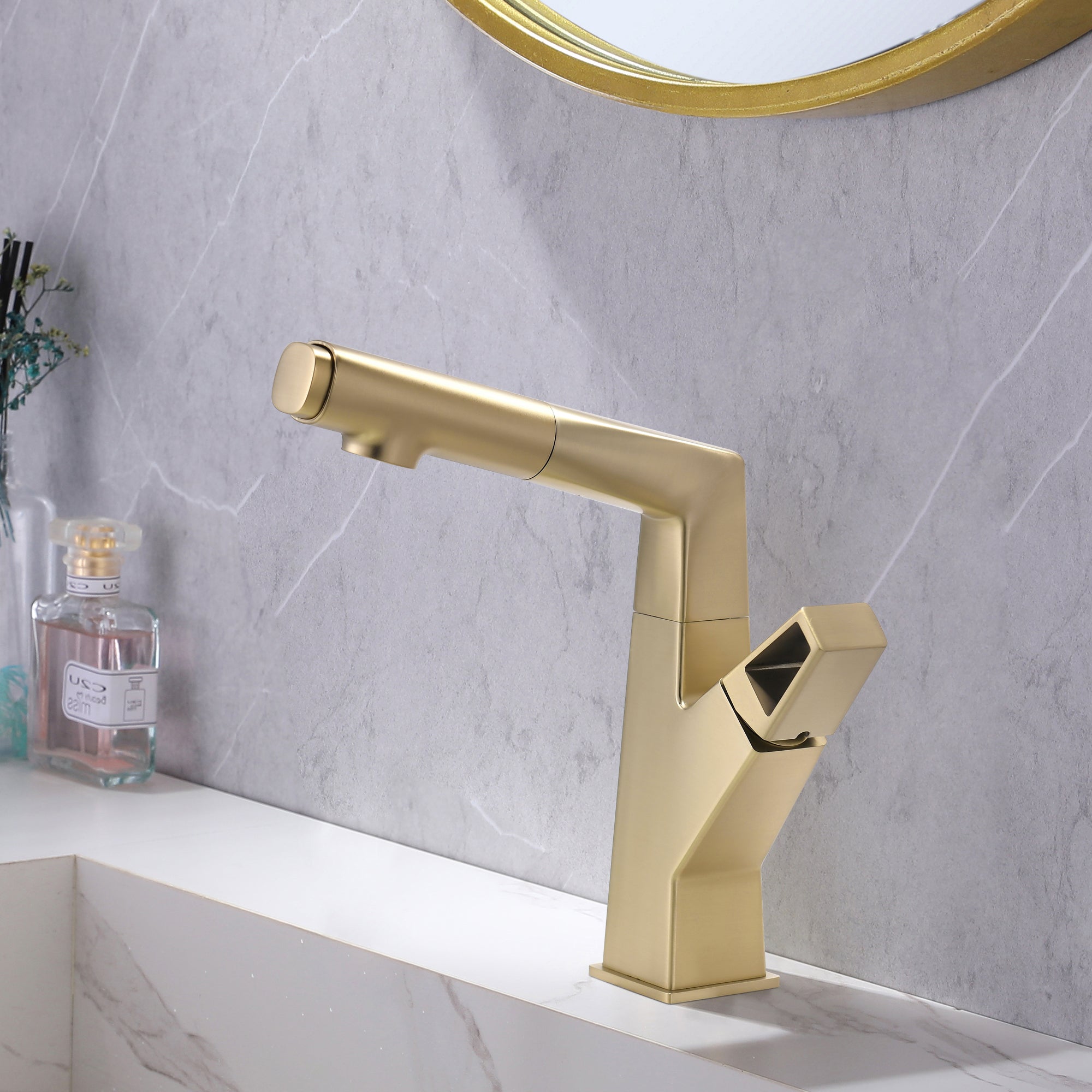 Bathroom Sink Faucet with Pull Out Sprayer Liftable Mixer Tap Brushed Gold/Matte Black — thumbnail 2