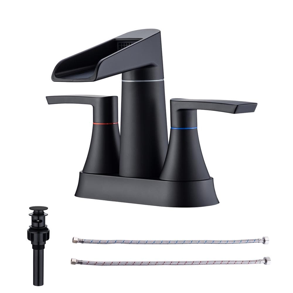 Waterfall Spout 4 in. Centerset 2-Handle Lavatory Bathroom Faucet with Drain Kit Included