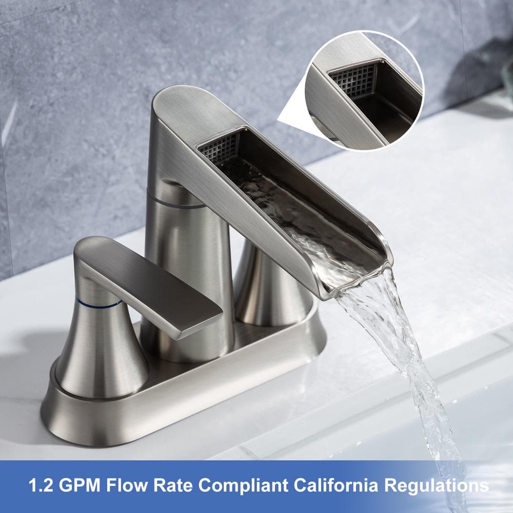Waterfall Spout 4 in. Centerset 2-Handle Lavatory Bathroom Faucet with Drain Kit Included — thumbnail 2