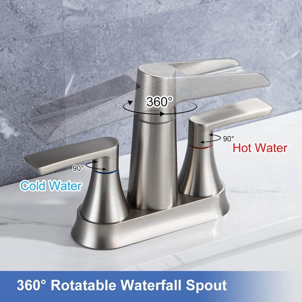 Waterfall Spout 4 in. Centerset 2-Handle Lavatory Bathroom Faucet with Drain Kit Included — thumbnail 3