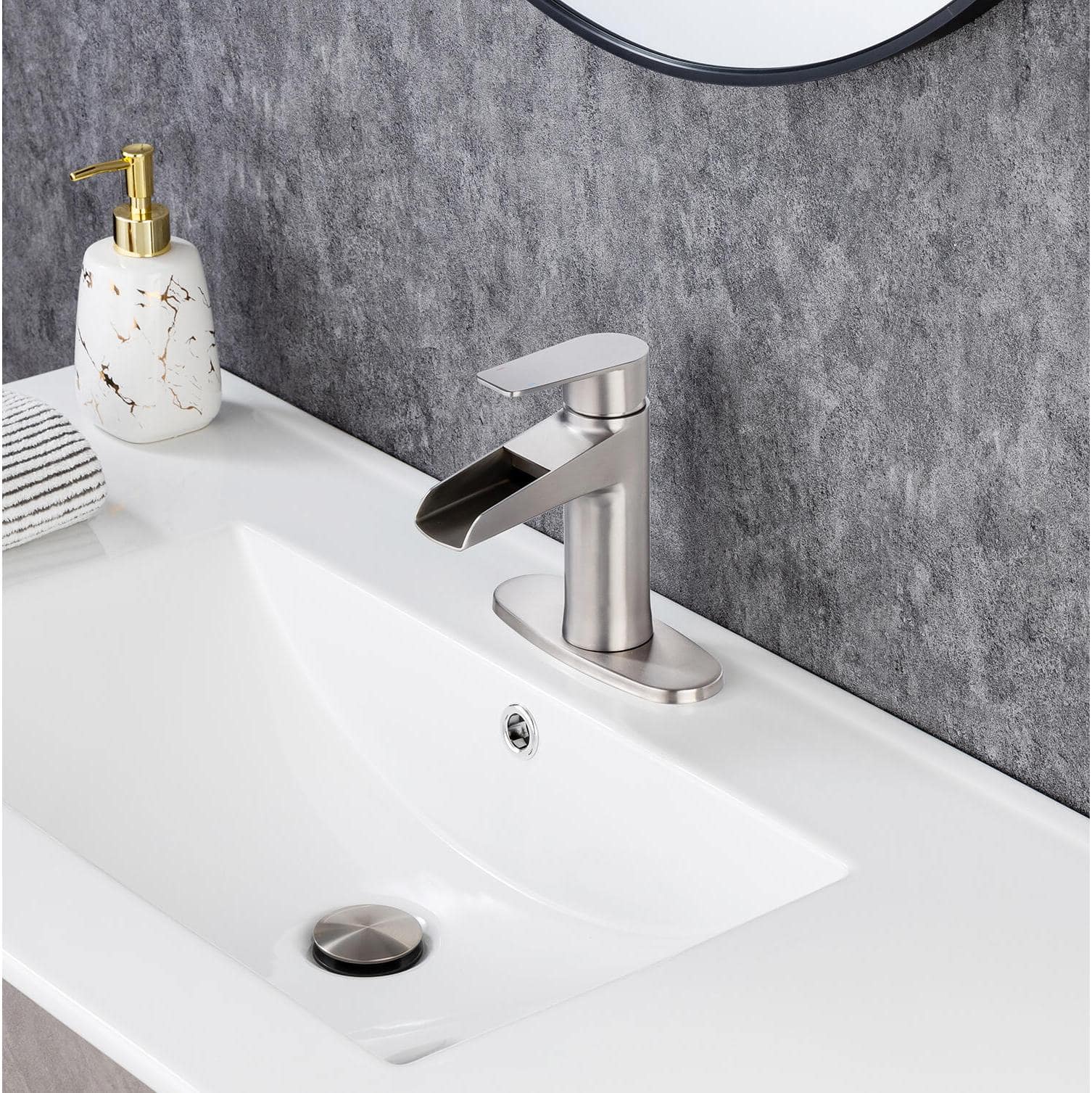 Single Handle Waterfall Spout Single Hole Bathroom Faucet with Deckplate and Drain Kit Included — thumbnail 3