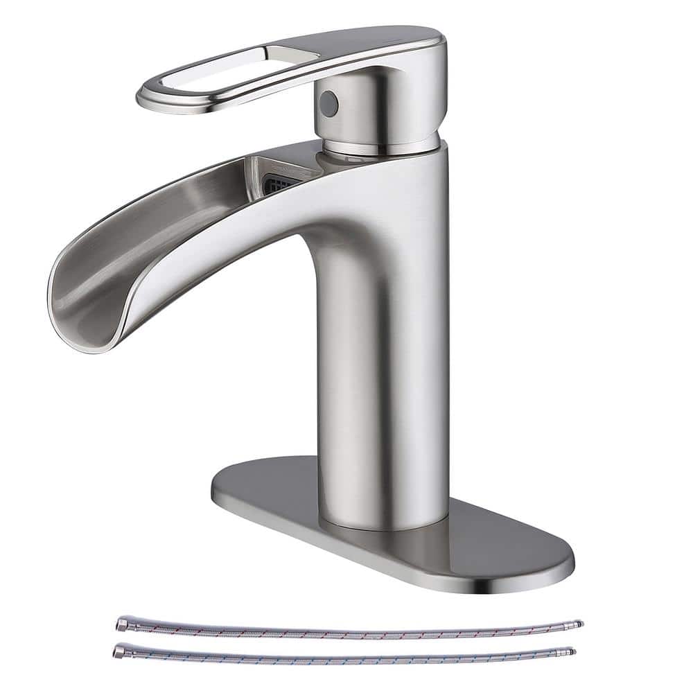 Single-Handle Waterfall Spout Single-Hole Bathroom Faucet with Deckplate and Supply Line — image 1