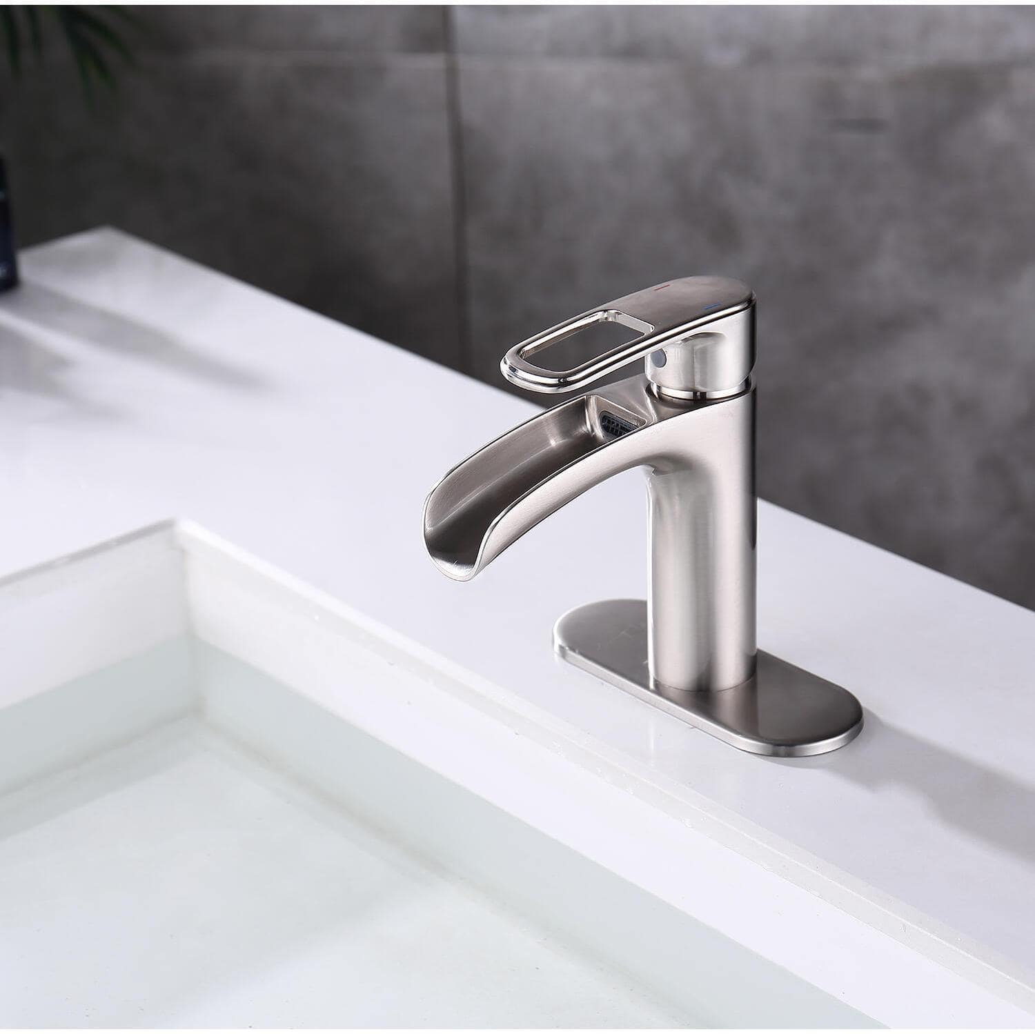 Single-Handle Waterfall Spout Single-Hole Bathroom Faucet with Deckplate and Supply Line — thumbnail 2