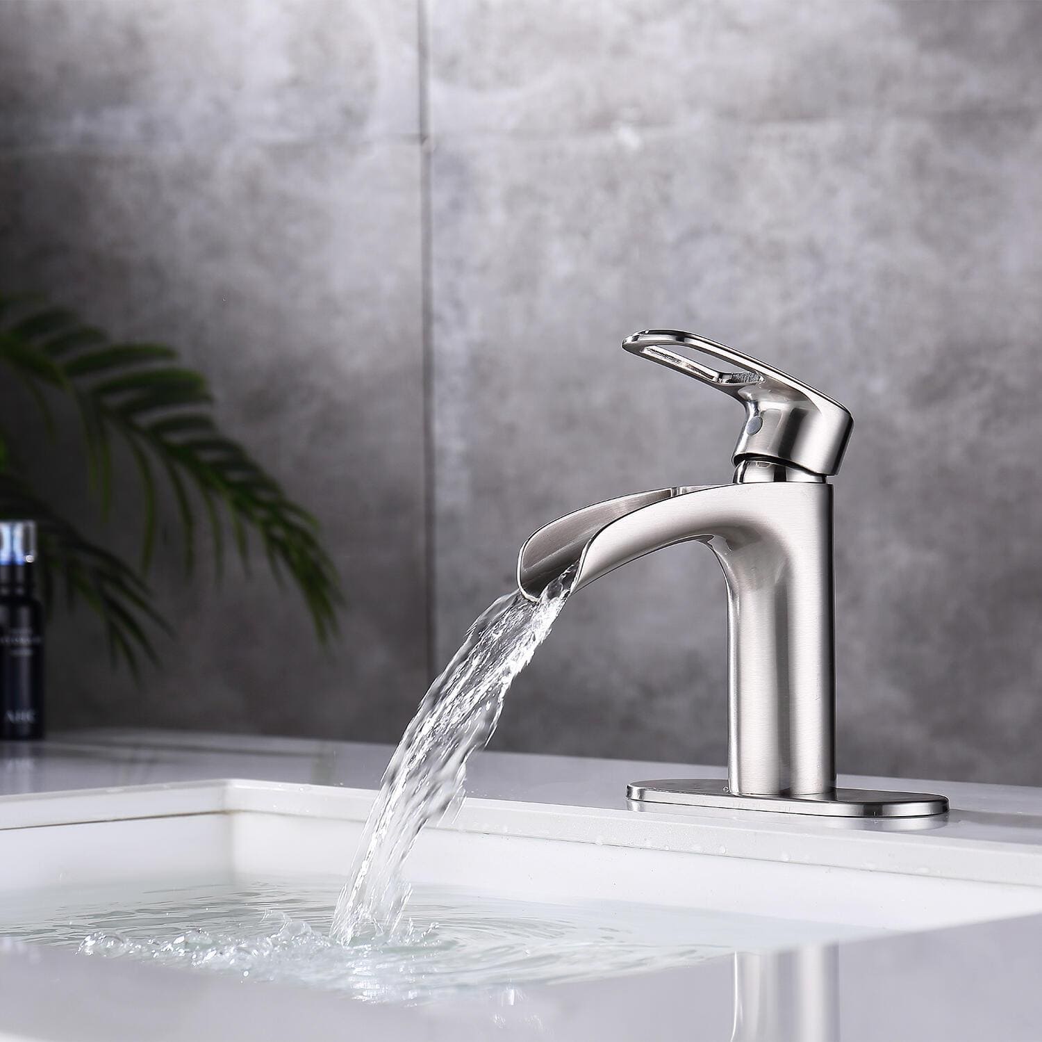 Single-Handle Waterfall Spout Single-Hole Bathroom Faucet with Deckplate and Supply Line — thumbnail 3