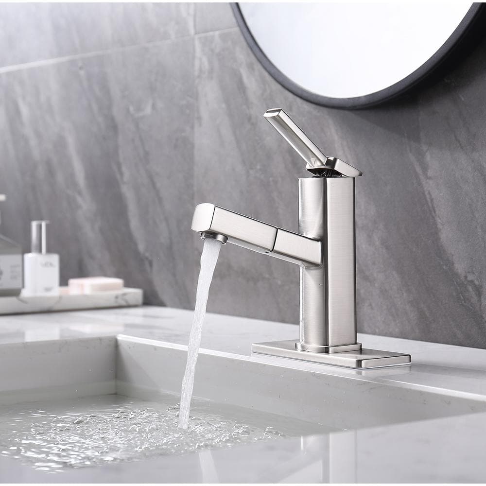 Pull Out Sprayer Single Handle Single Hole Bathroom Faucet with Deckplate and Supply Line Inlcuded — thumbnail 2