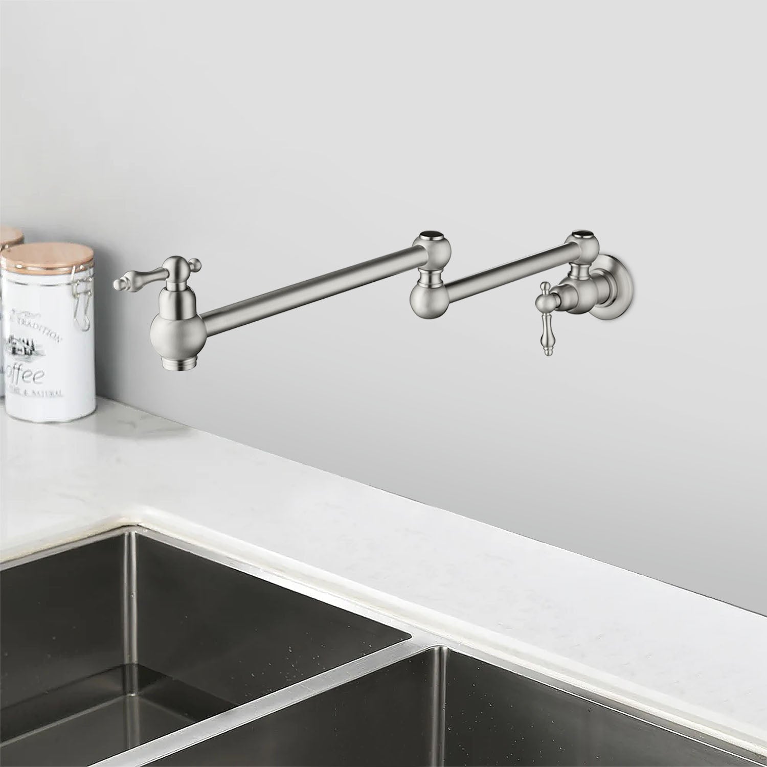 Wall Mounted Pot Filler Kitchen Faucet with 2 Handles — thumbnail 2