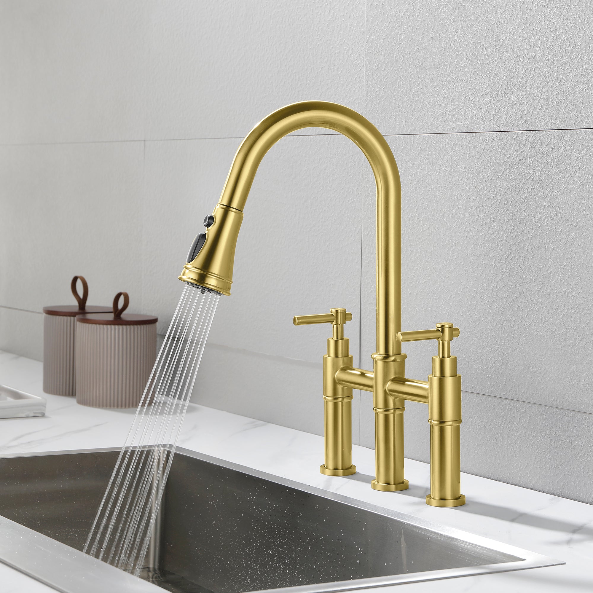 Double Handle Bridge Kitchen Faucet with Pull-Down Sprayhead