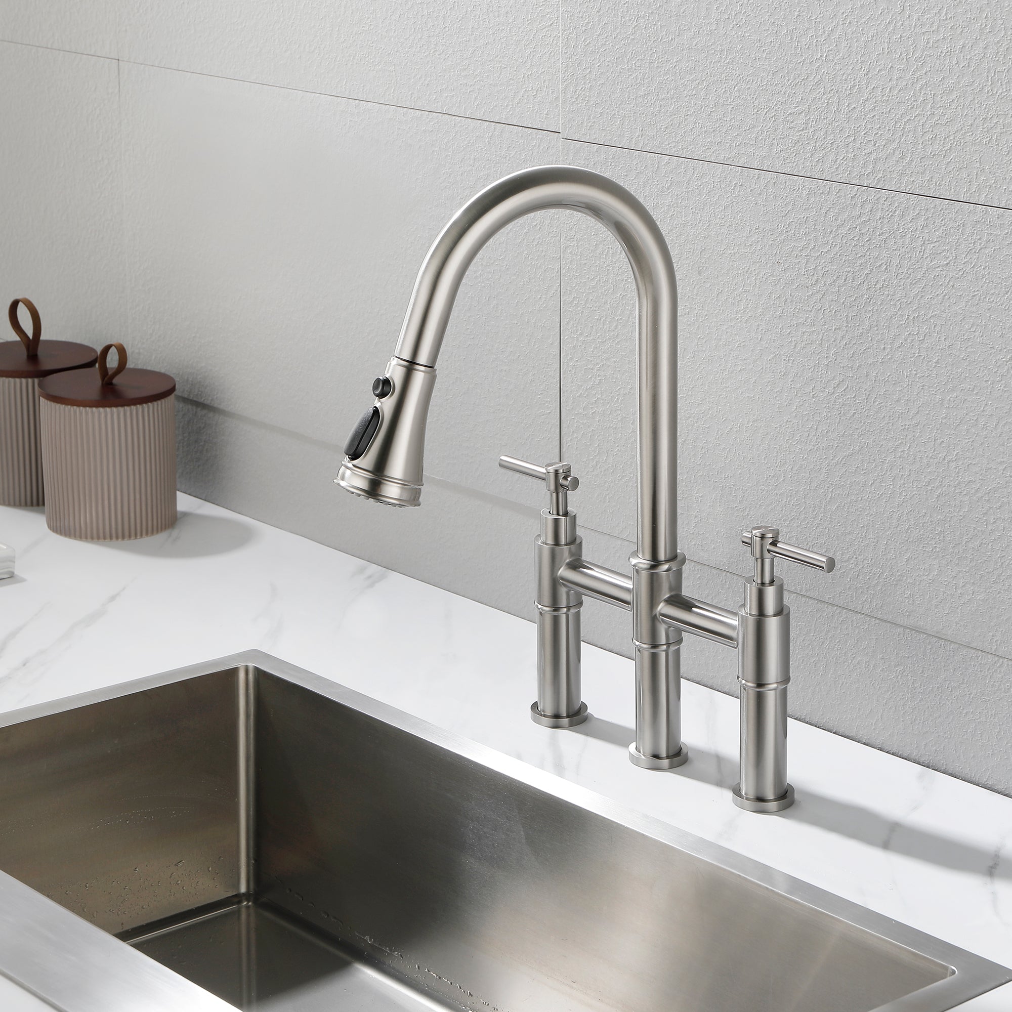 Double Handle Bridge Kitchen Faucet with Pull-Down Sprayhead
