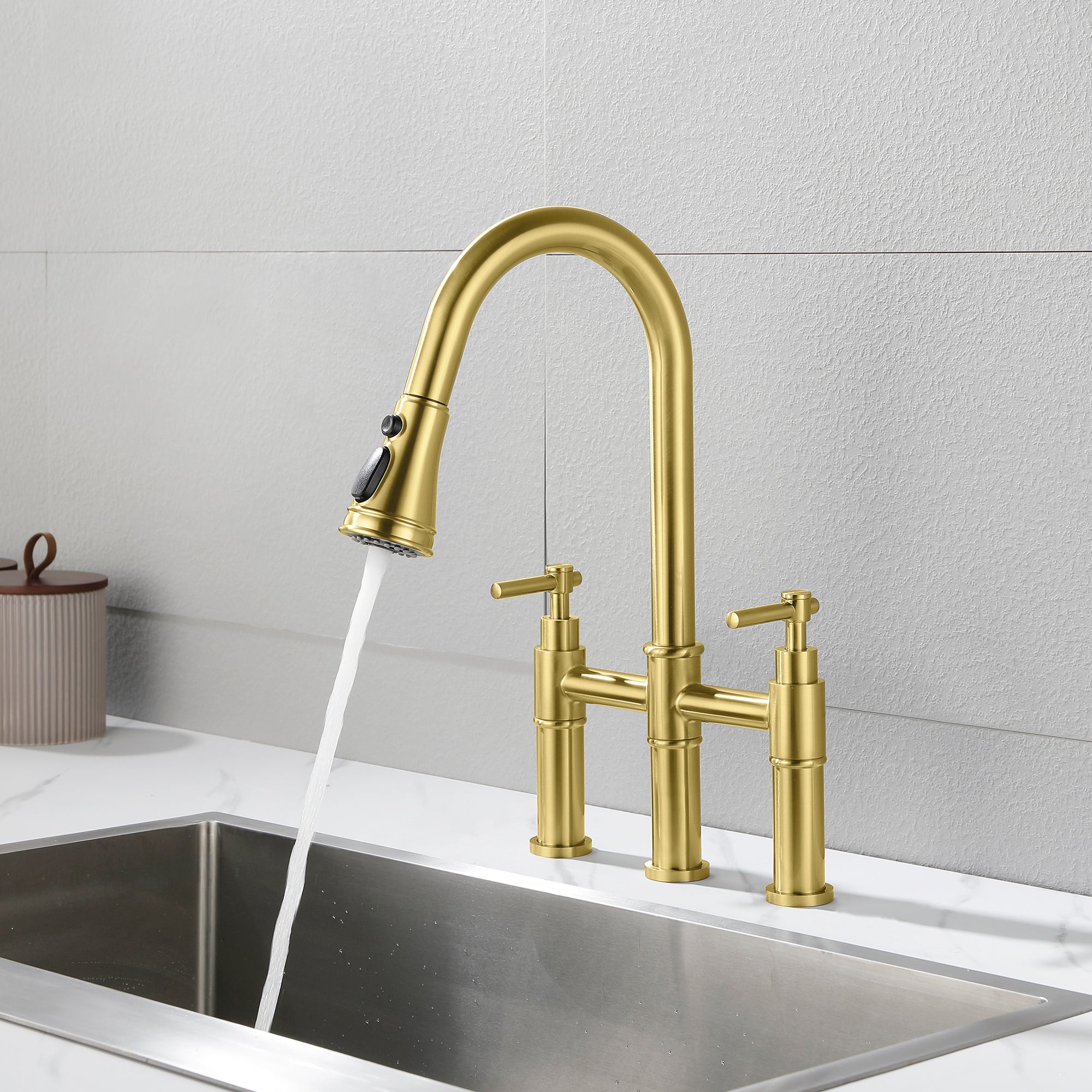 Double Handle Bridge Kitchen Faucet with Pull-Down Sprayhead — thumbnail 3
