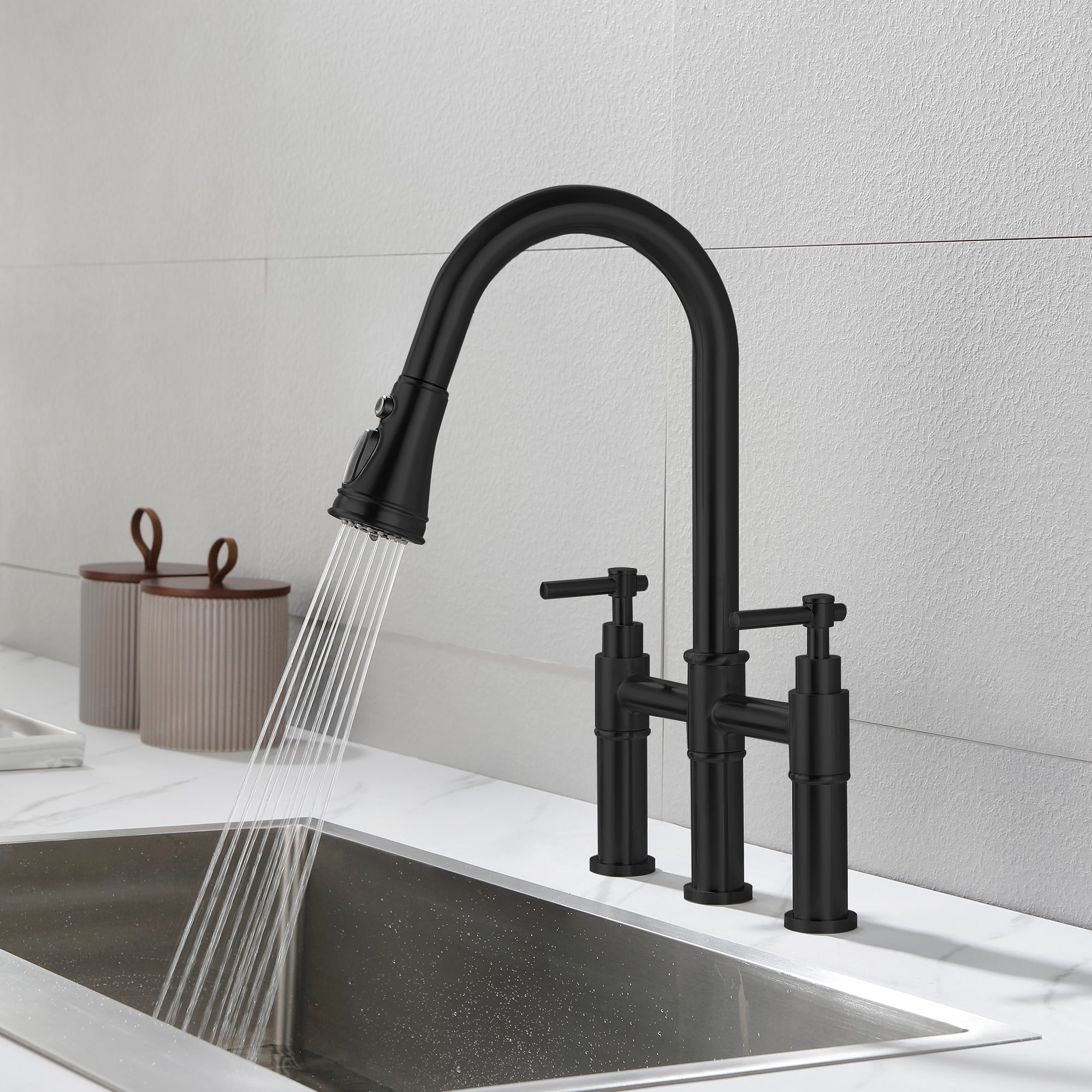 Double Handle Bridge Kitchen Faucet with Pull-Down Sprayhead