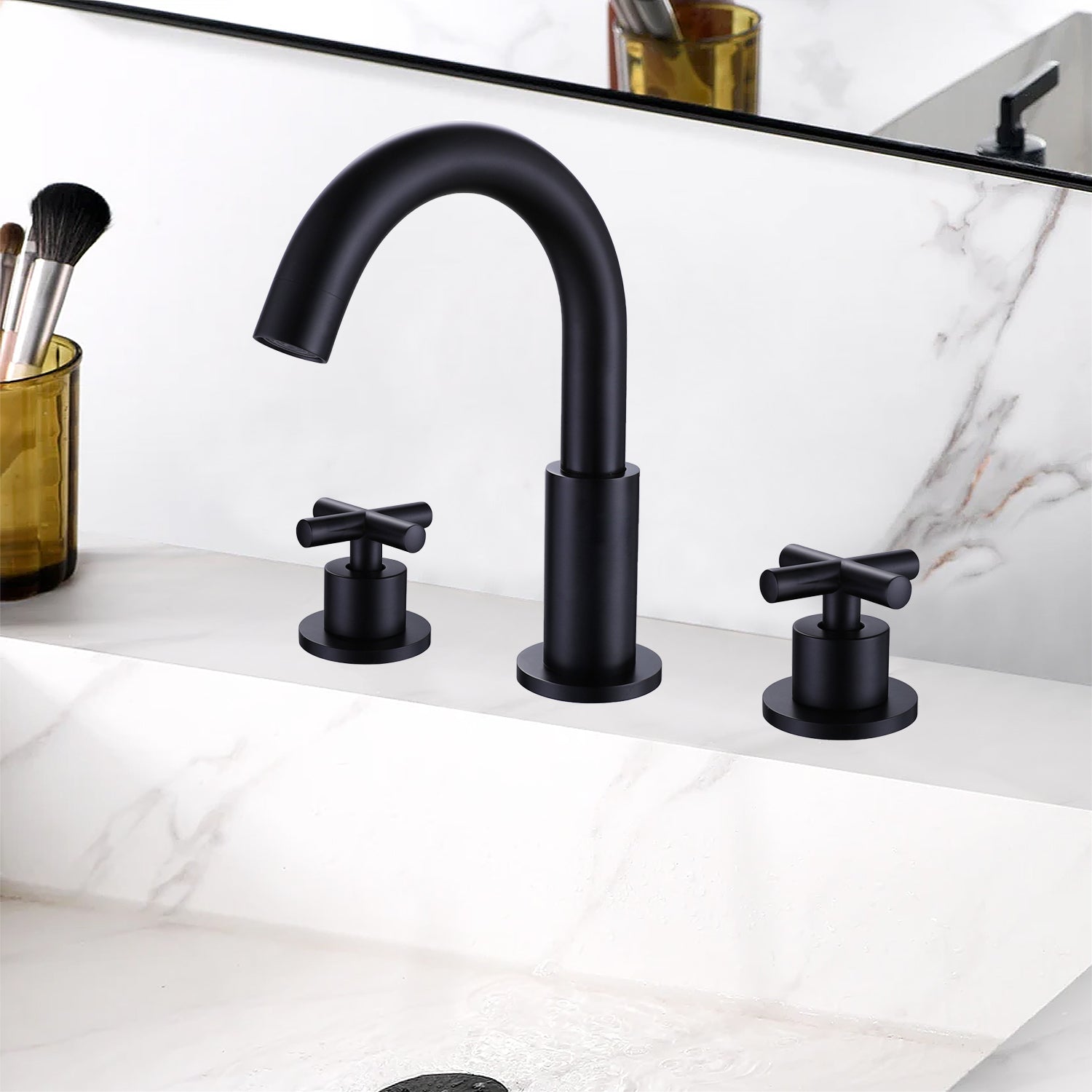 8 in. Widespread Double Handle High Arc Spout Bathroom Faucet in Matte Black — thumbnail 2