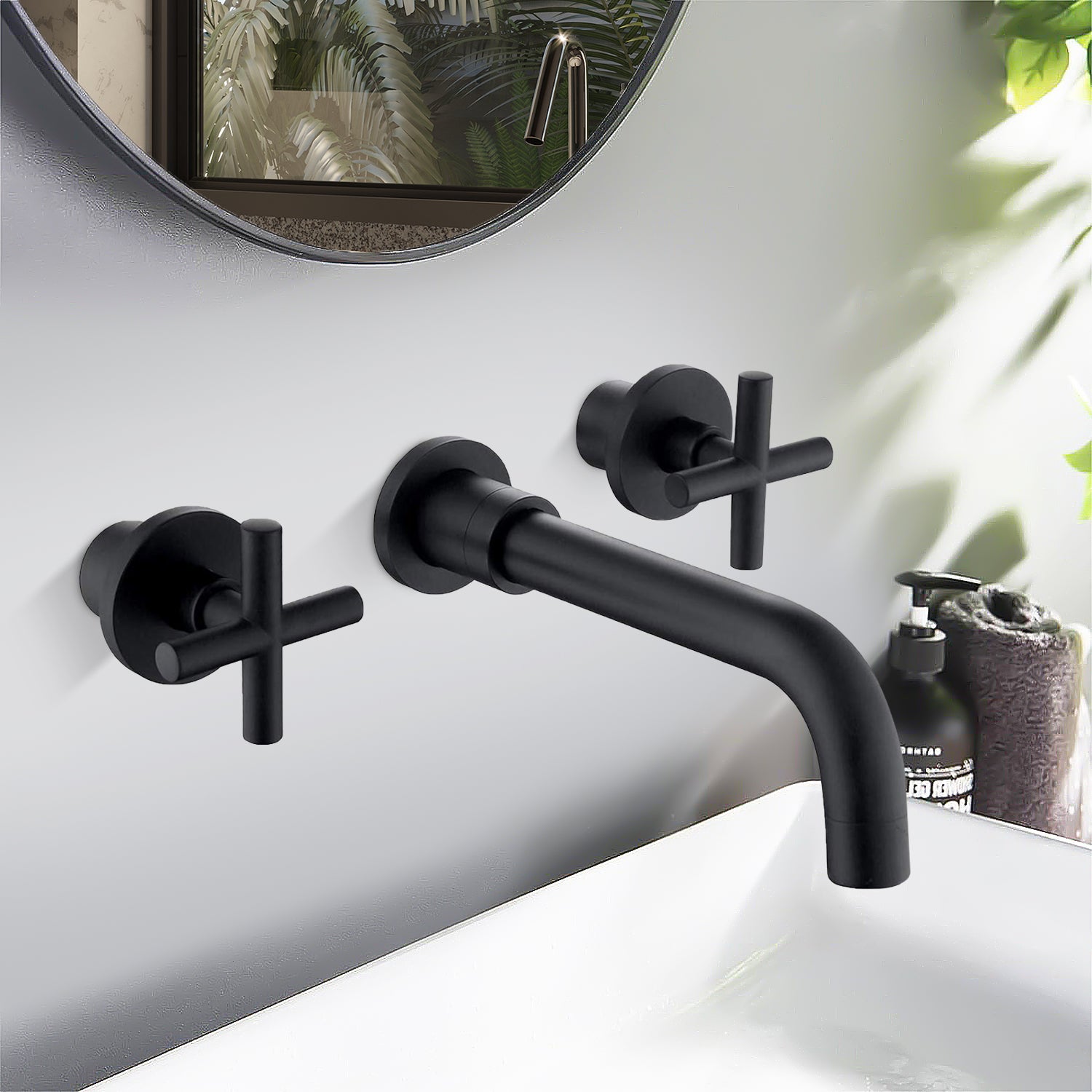 2-Handle Wall Mount Bathroom Faucet with Cross Handles in Matte Black