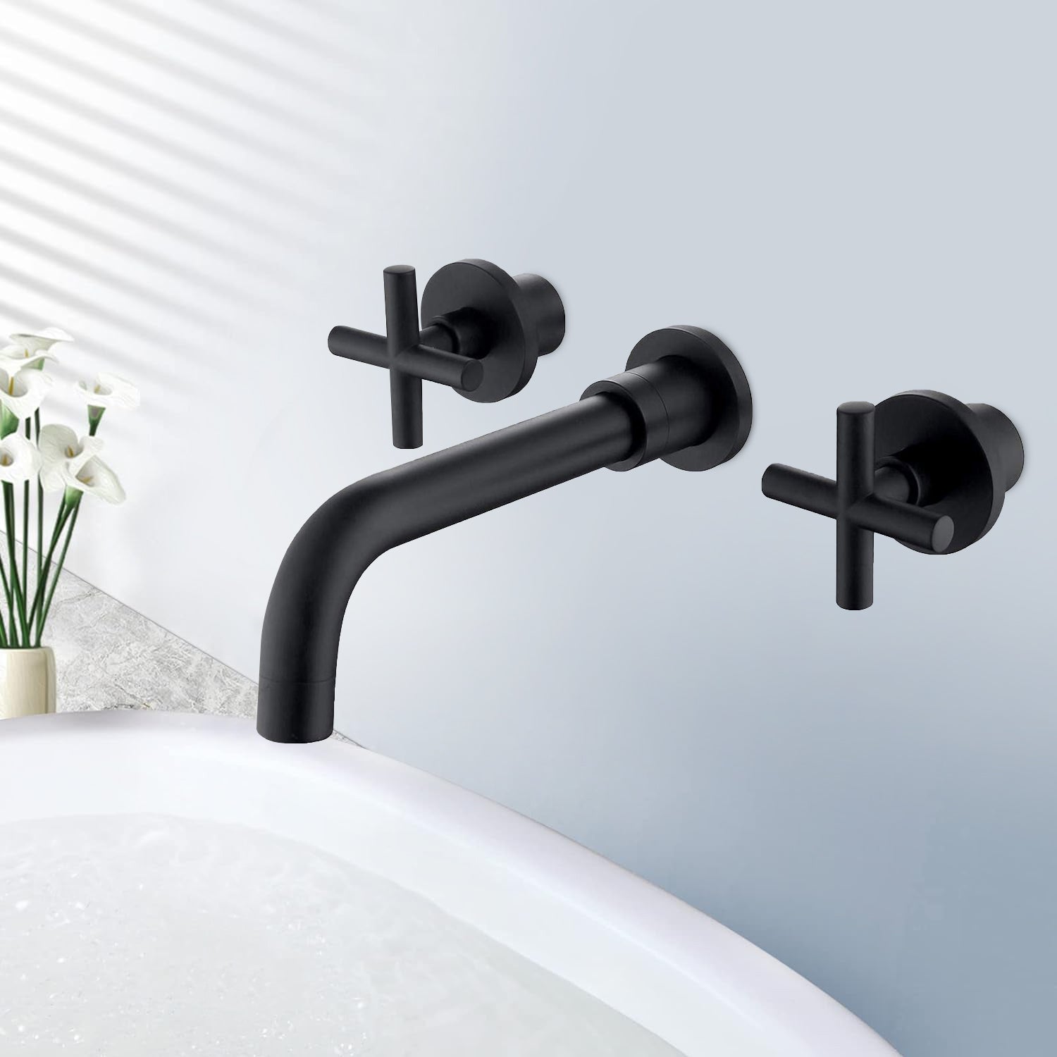 2-Handle Wall Mount Bathroom Faucet with Cross Handles in Matte Black — thumbnail 3
