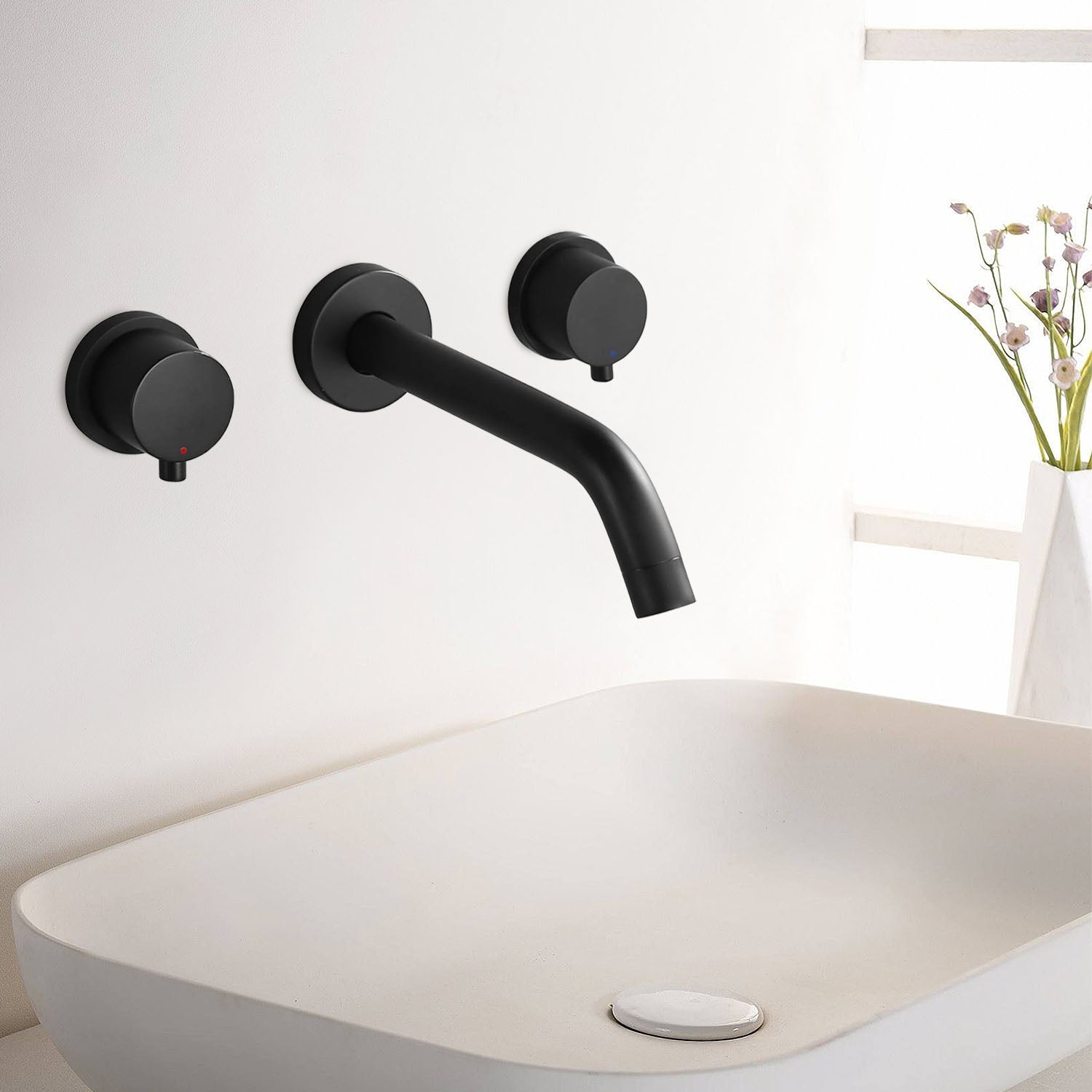 2-Handle Wall Mount Bathroom Faucet with Level Handles in Matte Black — image 1