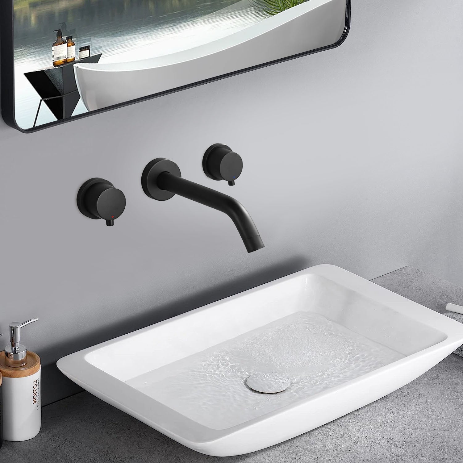 2-Handle Wall Mount Bathroom Faucet with Level Handles in Matte Black — thumbnail 3
