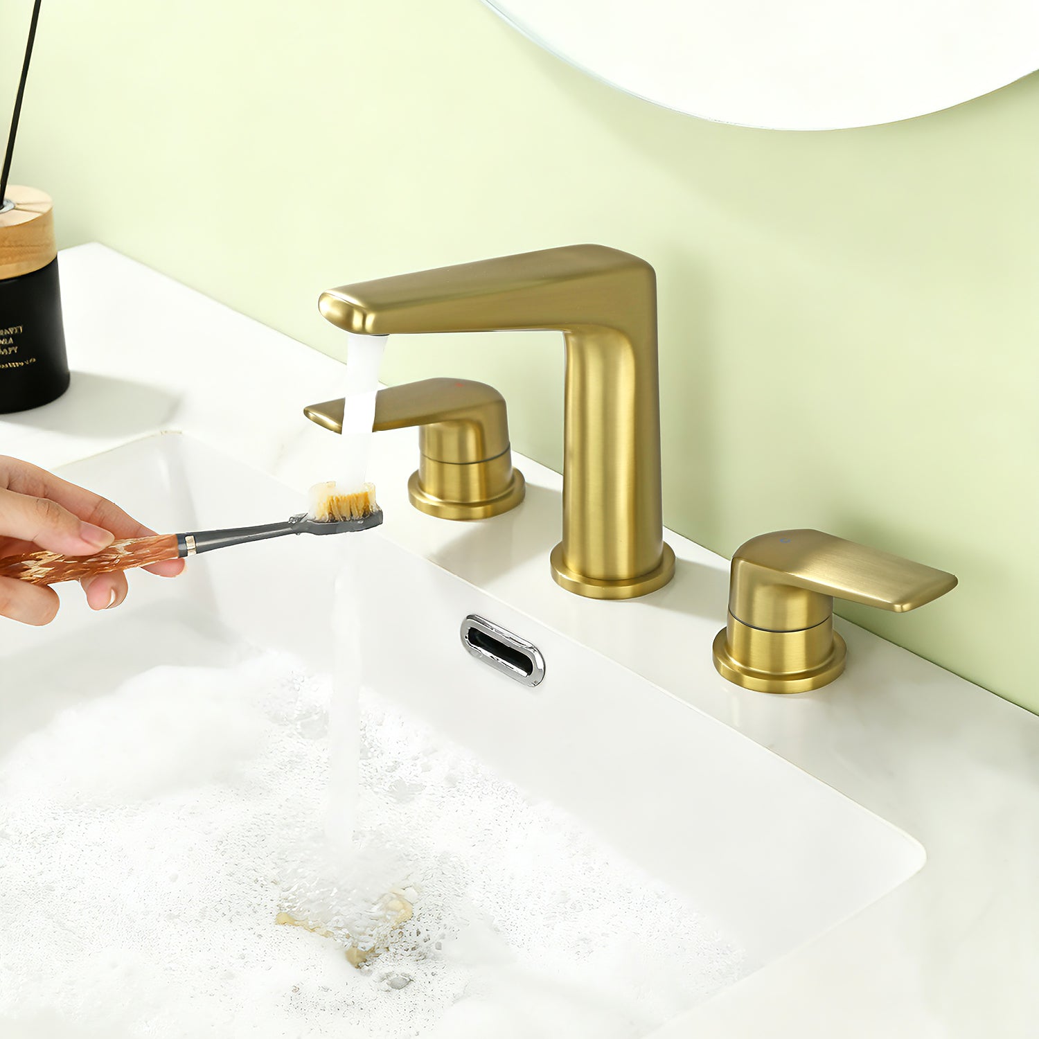 Modern Two Handle Bathroom Faucet with Pop-Up Drain, Solid Brass — thumbnail 3