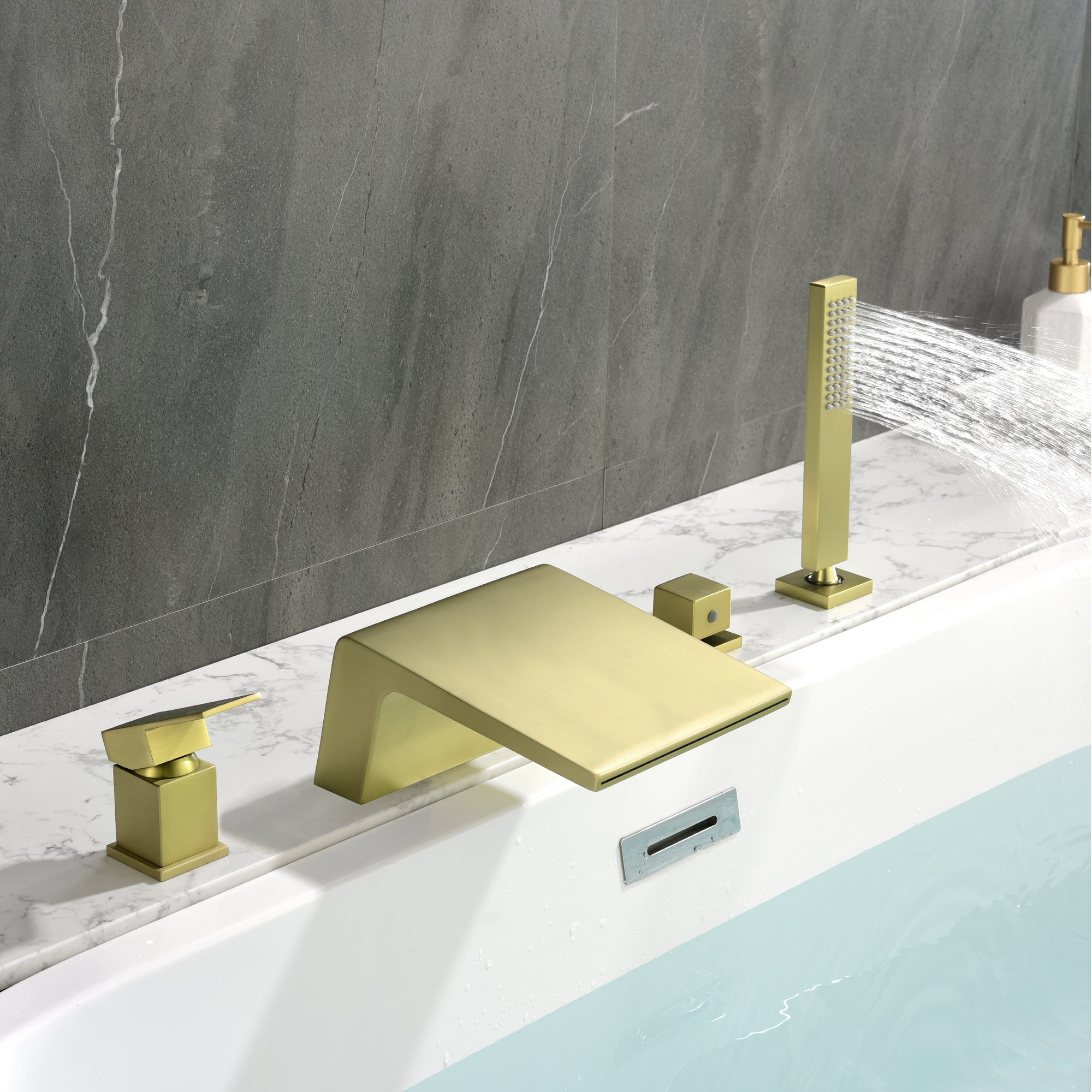 Deck Mounted Roman Tub Faucet with Handshower Brushed Gold — thumbnail 2