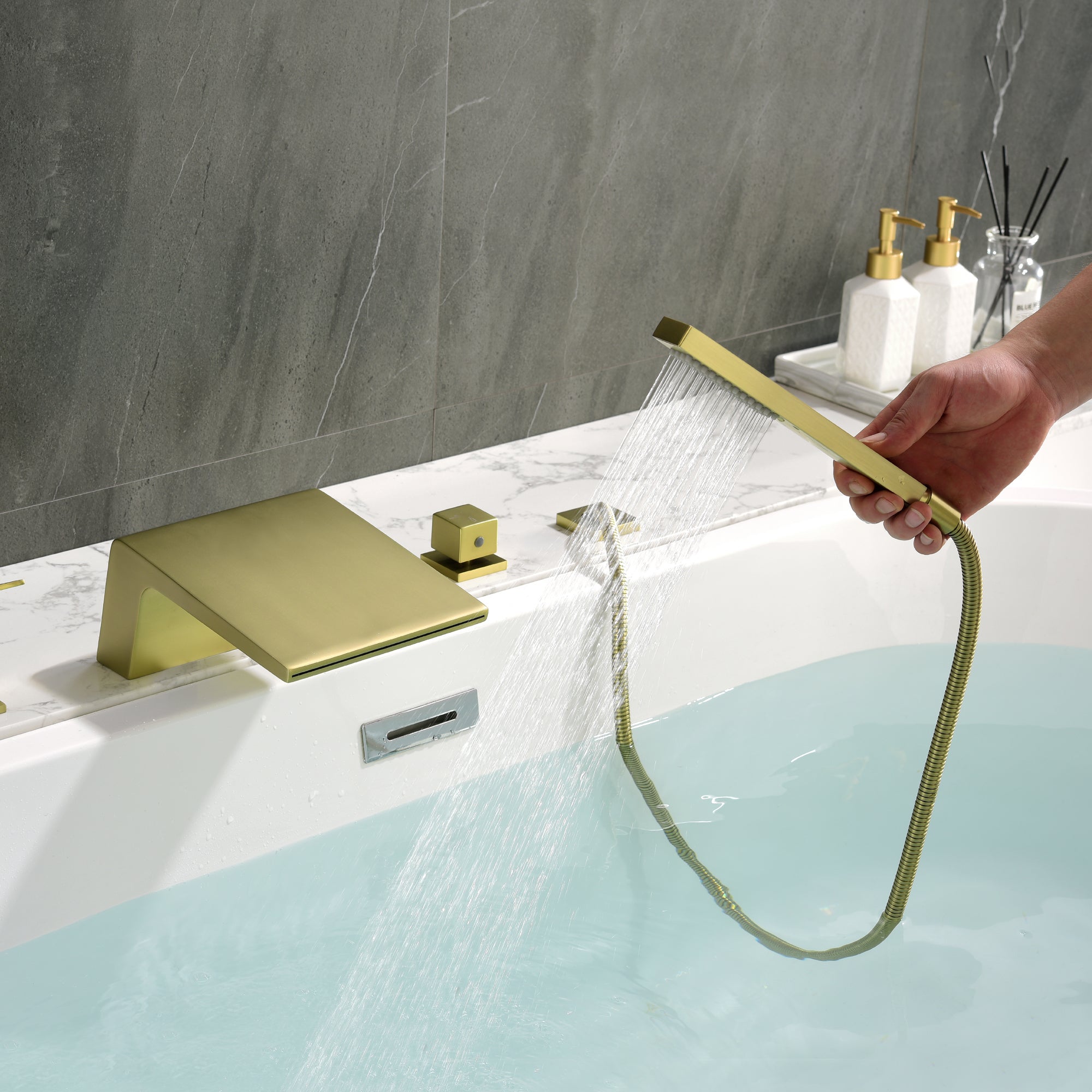 Deck Mounted Roman Tub Faucet with Handshower Brushed Gold — thumbnail 3